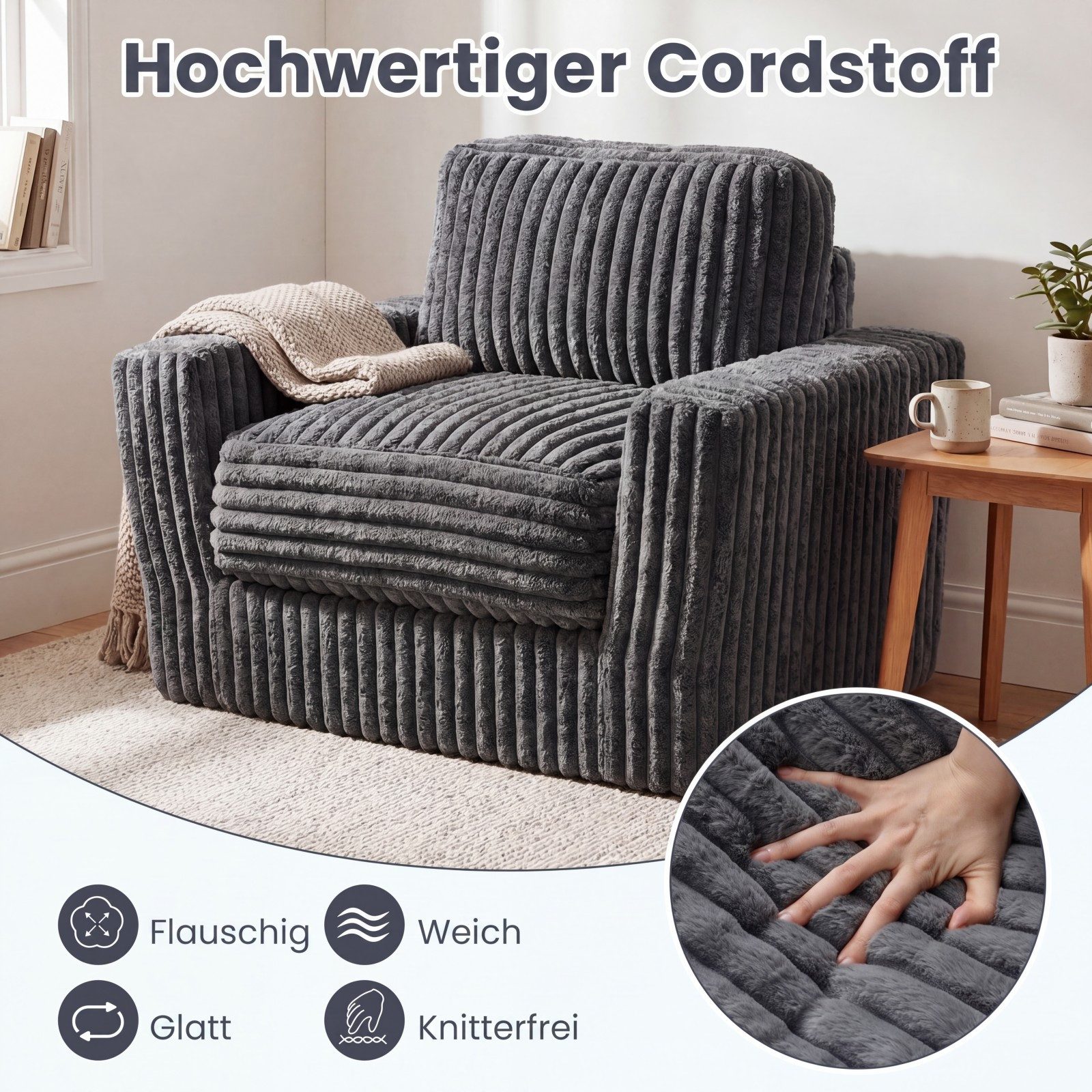 COSTWAY Relaxsessel Bodensessel Cord gepolstert, Sitzsack Sessel – Bild 5 von 5