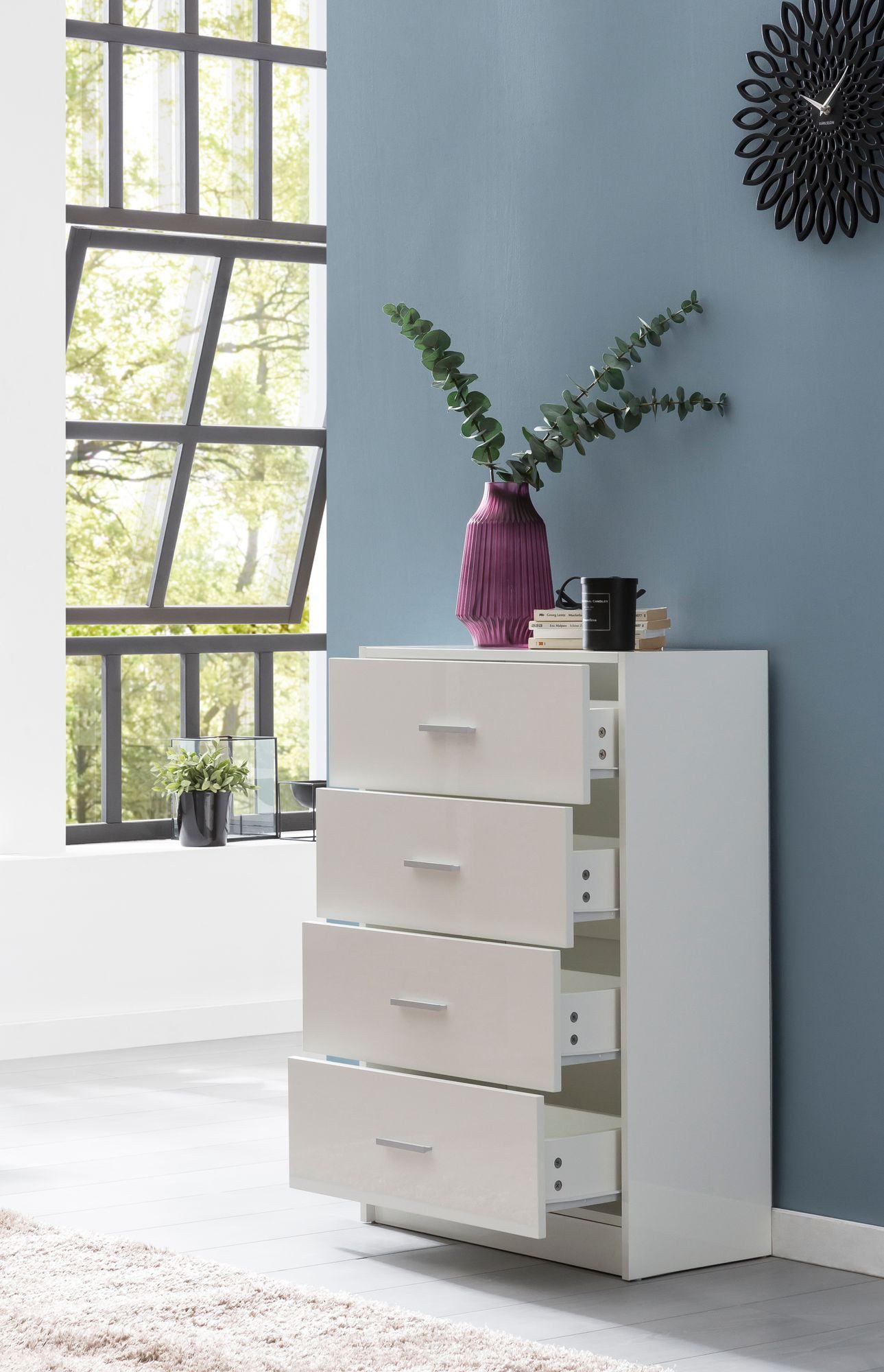FINEBUY Schubkastenkommode FB52330 60cm mit 4 Schubladen Kommode in Weiß Sideboard (Sideboard Weiß Hochglanz 60x90x30 cm Modern), Anrichte Schmal, Kleine Schubladenkommode Flur