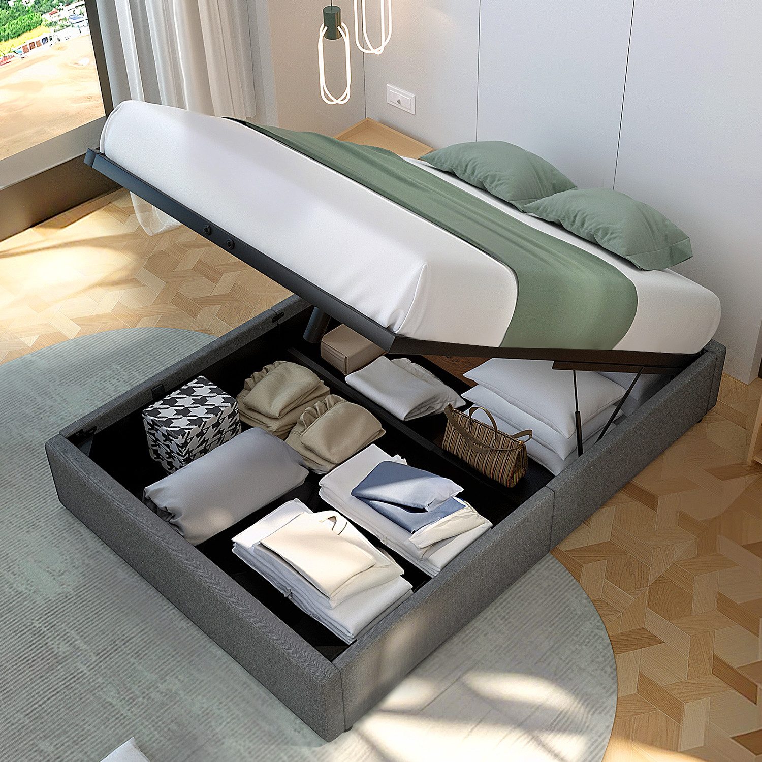 oyajia Polsterbett Hydraulisches Doppelbett mit bettkasten 140x200cm,Stauraumbett Modern (Leinenmaterial Polsterbett, Mit Lattenrost, Einfaches Design), Hydraulisch anhebbarer Doppelbett, einfache Montage