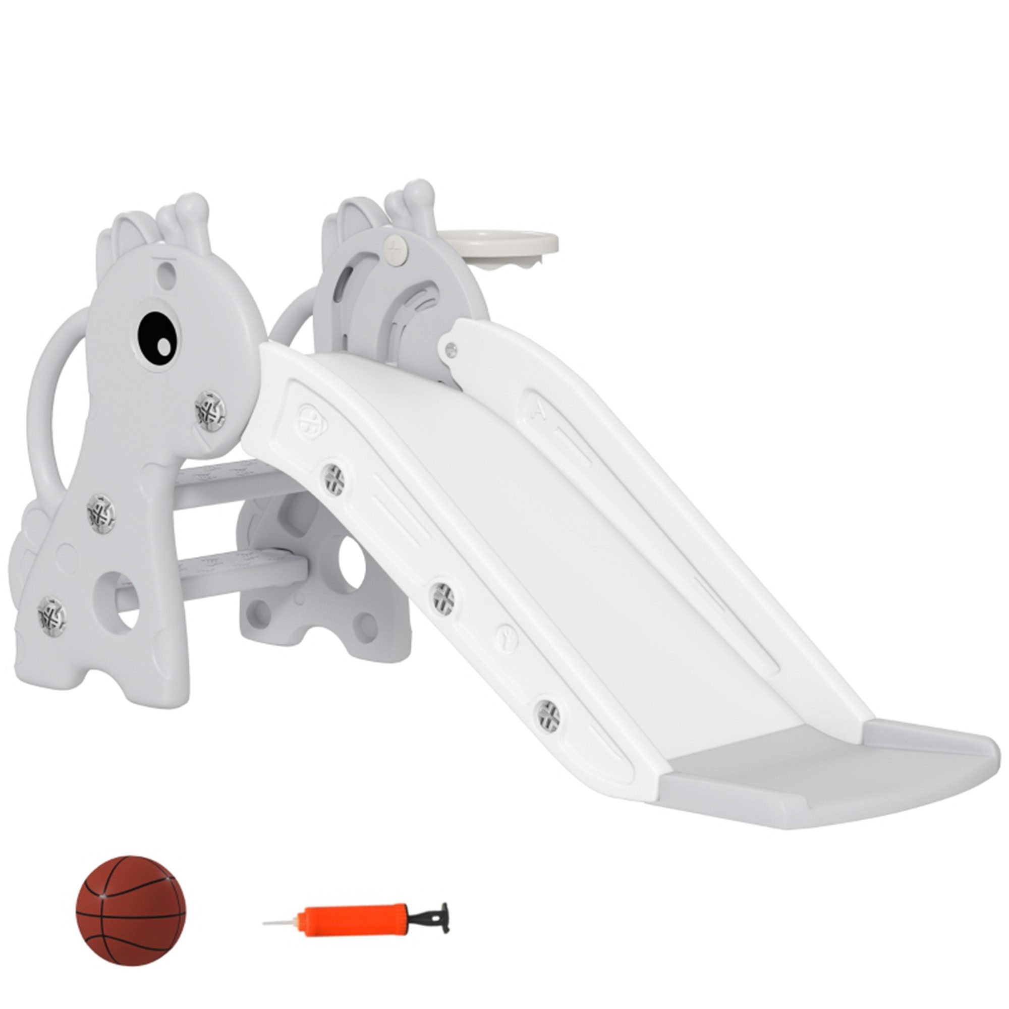 MC Star Rutsche 3-in-1 für Kinder, Giraffenform, Basketballkorb, Ball, Grau