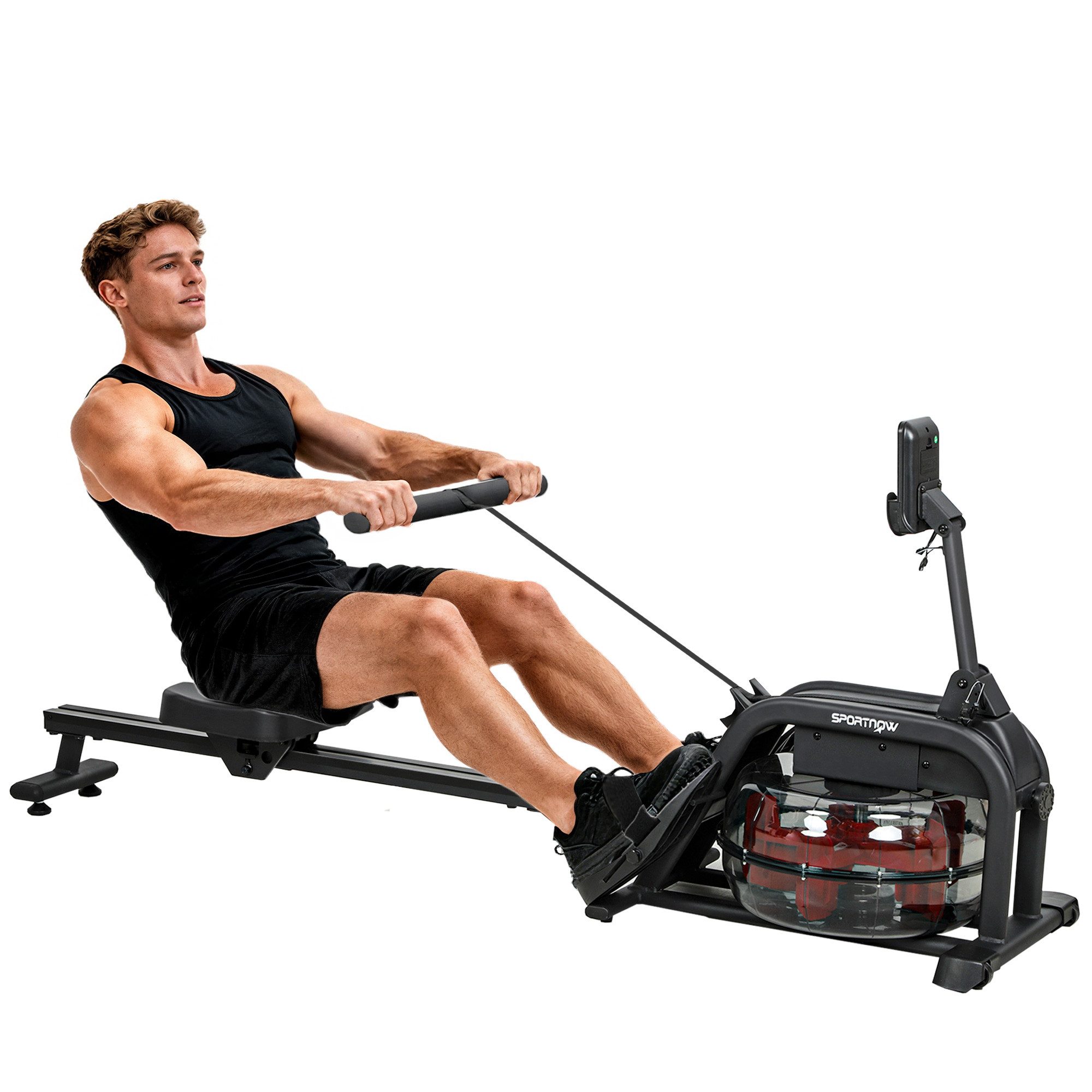 SPORTNOW Rudergerät mit LCD Display, Handyhalterung, Komfortabler Sitz, Vertikale Lagerung (Rudermaschine für Heimfitness, 1-tlg., Wasserrudergerät), für Zuhause, Schwarz