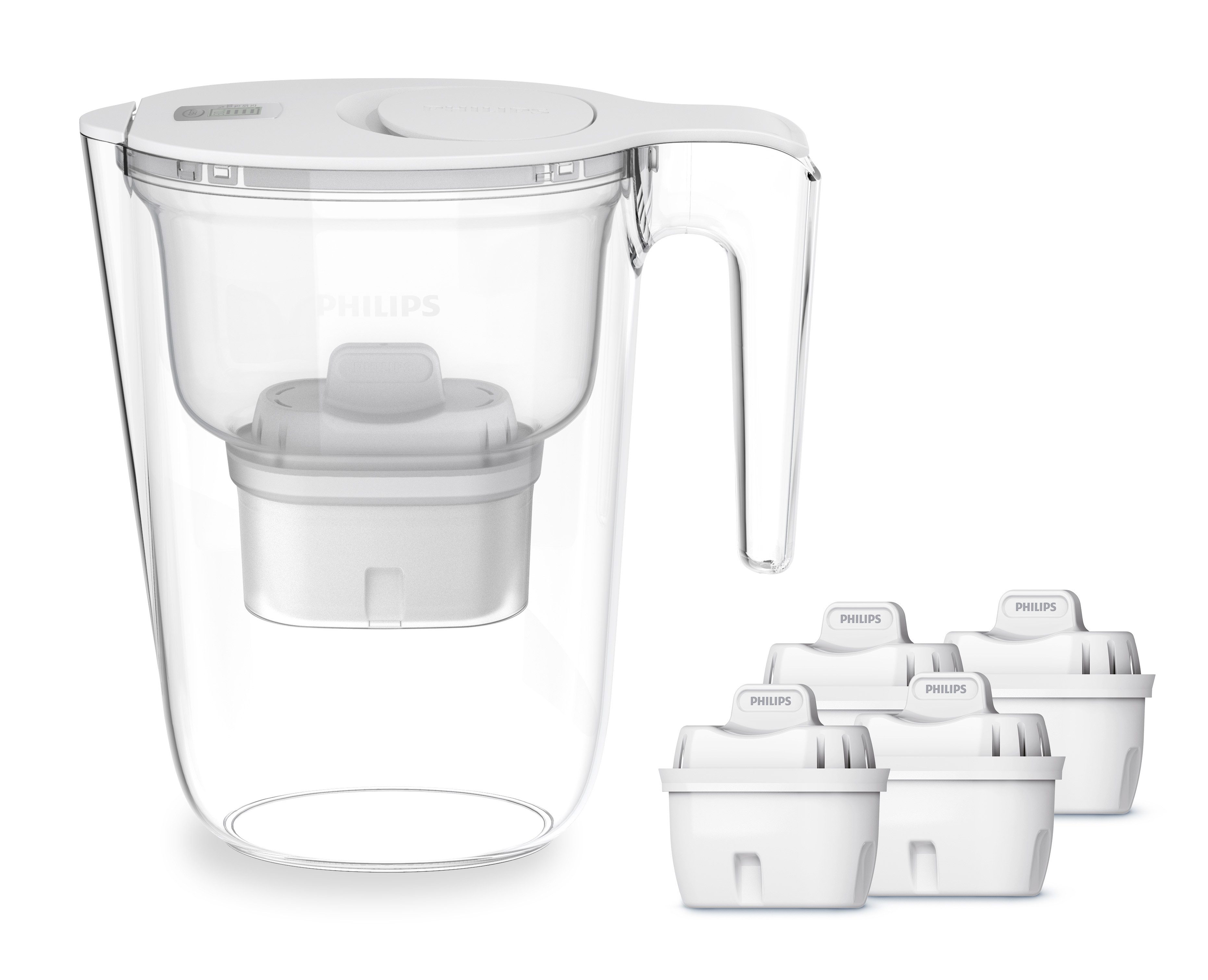 Philips Kalk- und Wasserfilter Philips Wasserfilter-Kanne 2,6L weiß inkl. 4 Filterkartuschen, Zubehör für Geschmack+ AWP210 & Antikalk+ AWP230, Reduziert den TDS Wert