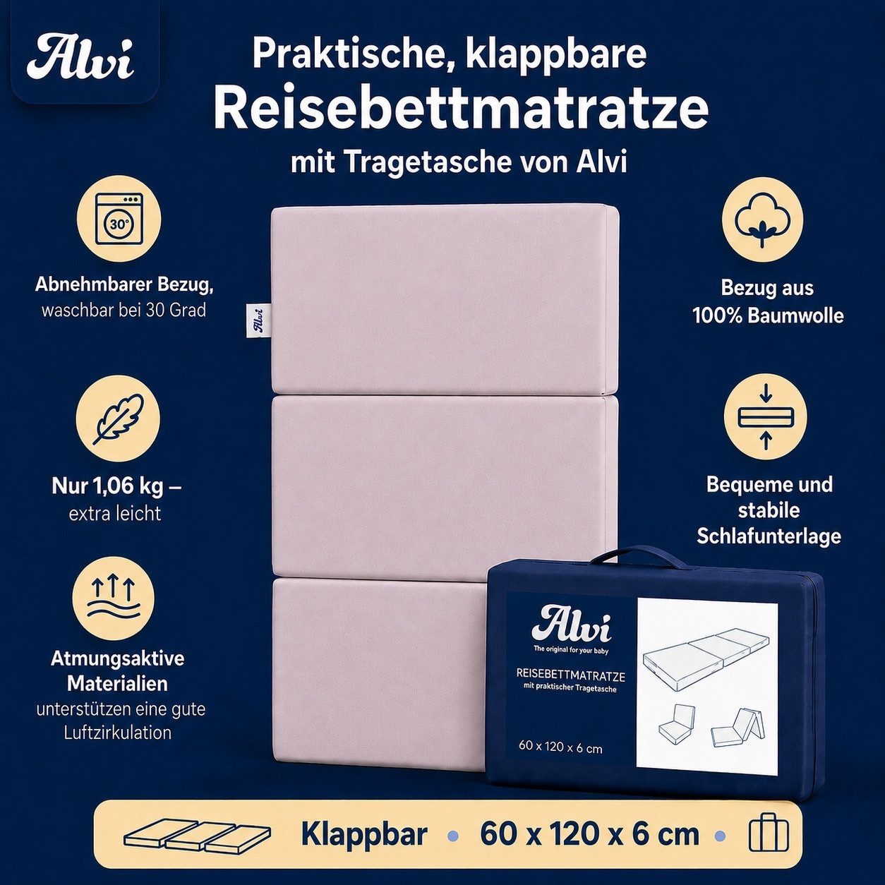 Reisebett-Matratzen Reisebettmatratze, Alvi®, 6 cm hoch, inklusive Tragetasche