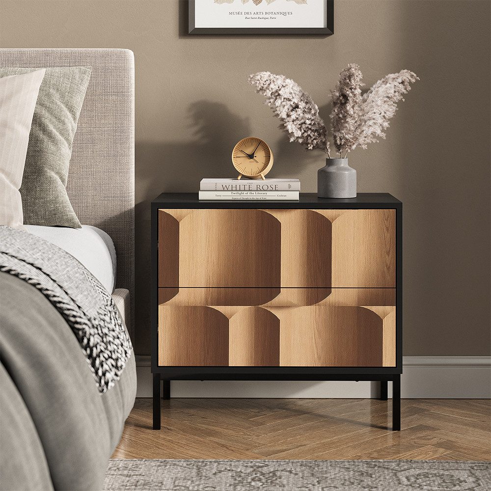 Vicco Nachtschrank Eliza, Schwarz/Eiche, 66 x 60 cm mit 2 Schubladen