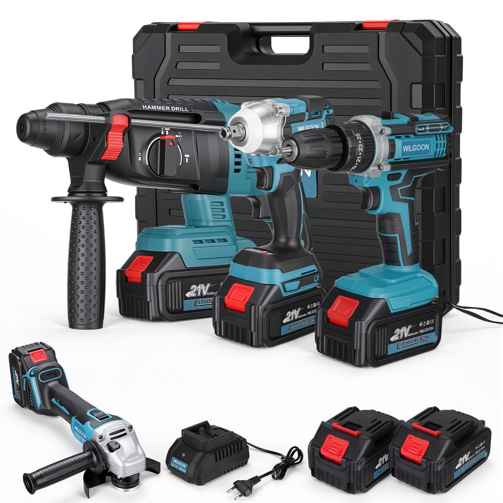 oyajia Elektrowerkzeug-Set 21V 4 IN 1 Multi Elektrowerkzeugsatz, 4-teilig, inkl Akkus und Zubehör, 4-tlg., Winkelschleifer Bohrmaschine Elektrischer Hammer Akku-Schlagschrauber