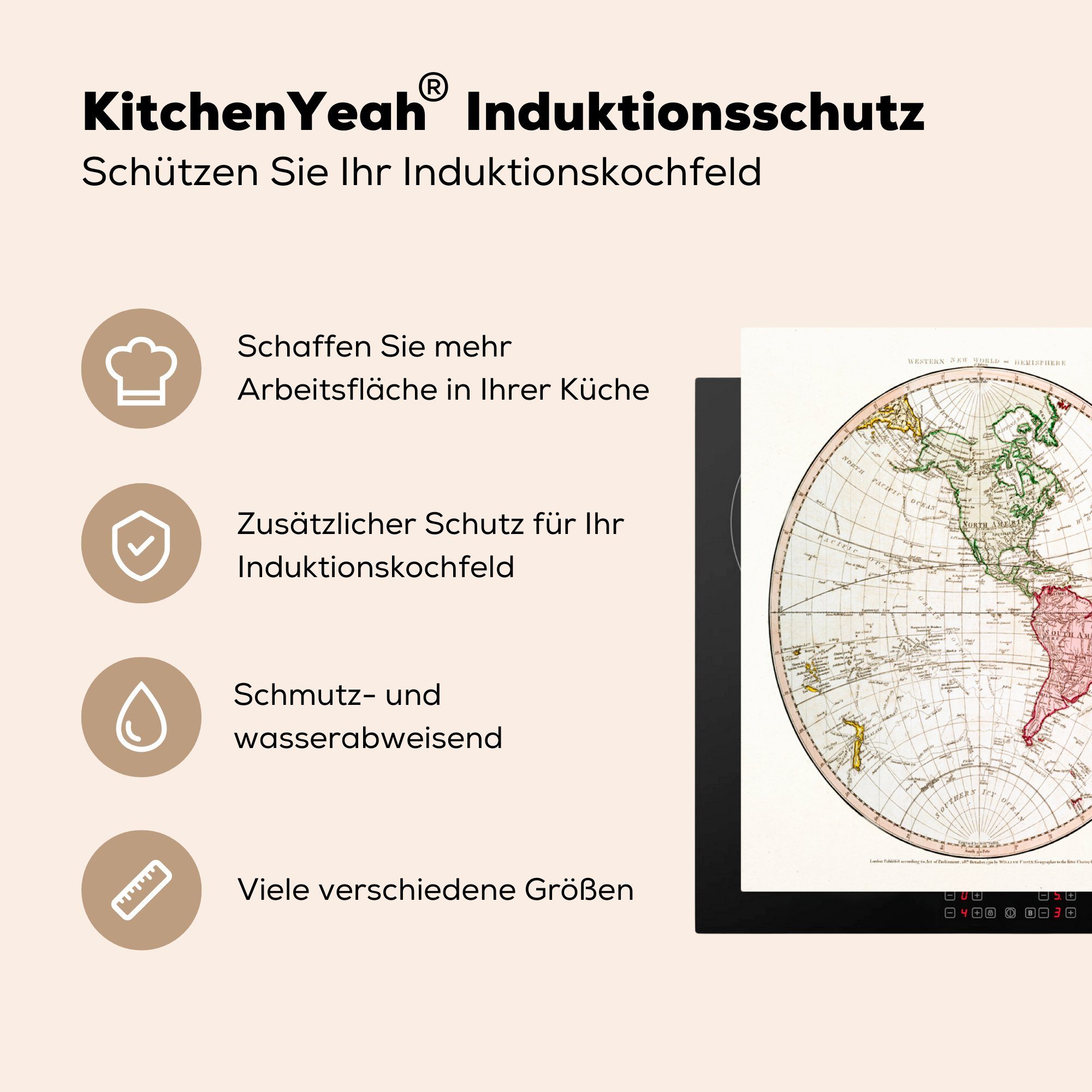 Weltkarte für 83x51 Vintage Herdblende-/Abdeckplatte küche Arbeitsplatte MuchoWow tlg), cm, (1 - Ceranfeldabdeckung, - Karte, Vinyl,