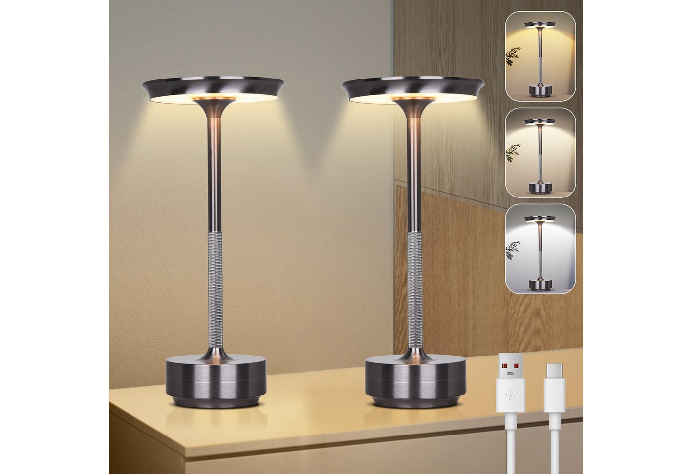 Lapalife Nachttischlampe LED Tischlampe Kabellos Akku, Dimmbar, 3 Farbtemperatur, LED fest integriert, Grau Tischleuchte USB Aufladbar für Nachttisch Esstisch Schreibtisch