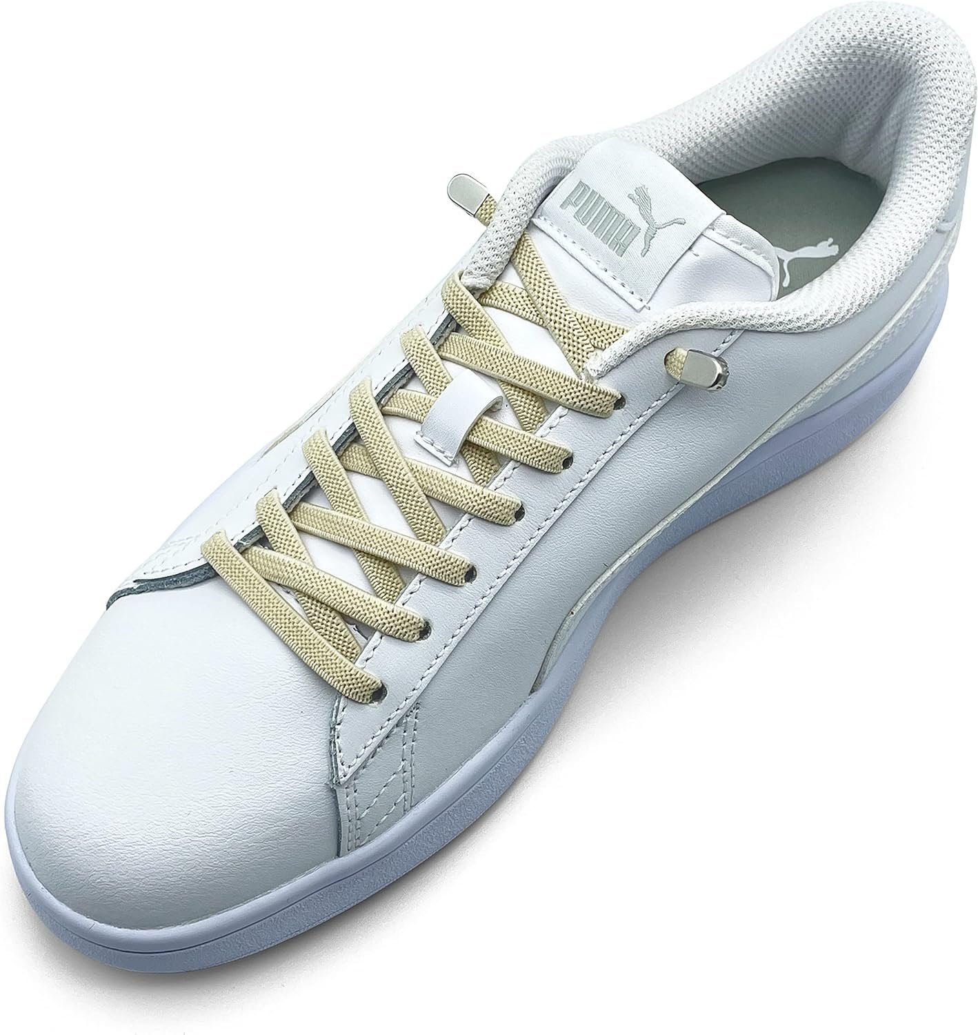 ELANOX Schnürsenkel 4 Stück für 2 Paar Schuhe elastische Schnürsenkel mit Clips, inkl. Enden (Clips) - 8 St. in silber beige