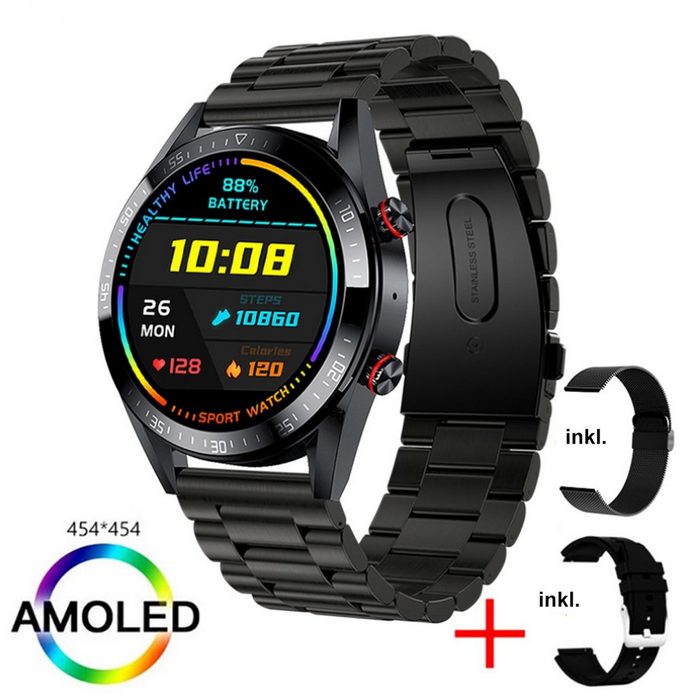 TPFNet SW26 mit Edelstahl Armband + Milanaise und Silikon Armband Smartwatch (Android) individuelles Display - Armbanduhr mit Musiksteuerung Herzfrequenz Schrittzähler Kalorien Social Media etc. - Schwarz