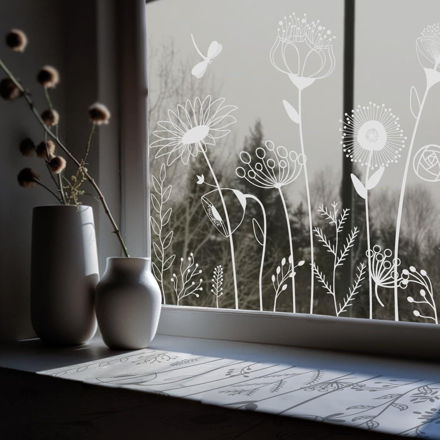 LuxusKollektion Fenstersticker Fensterfolie Blumen Libellen 39x150cm weiß elektrostatisch