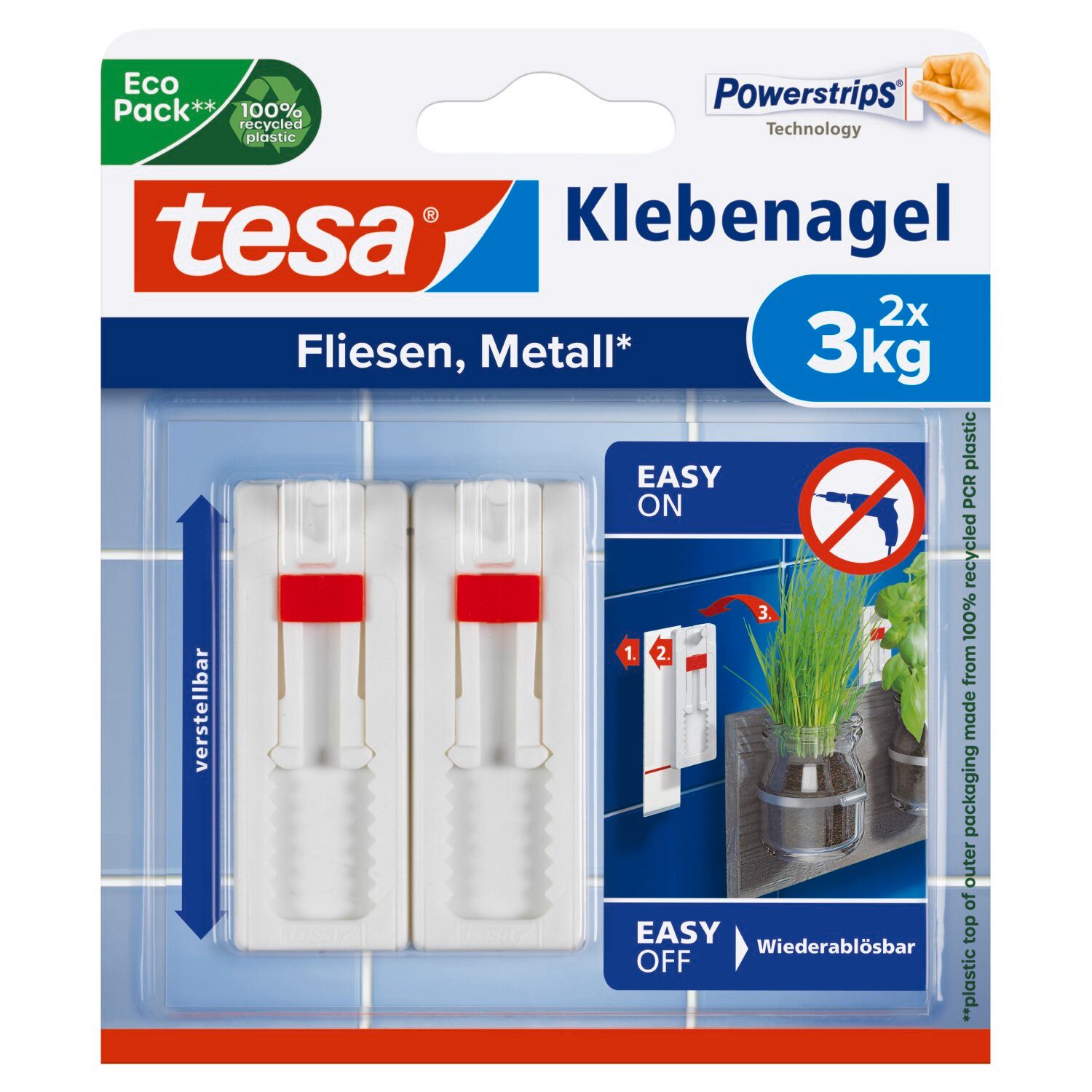 tesa Klebehaken tesa Klebenagel für Fliesen und Metall (verstellbar, 3 kg), Dekoration, Leinwände, Bilder, Girlanden, Lichterketten, (Packung, 2-St., 2 Stück), Klebenagel mit max. 3 kg Haltekraft - Fliesen & Metall - 2er Pack