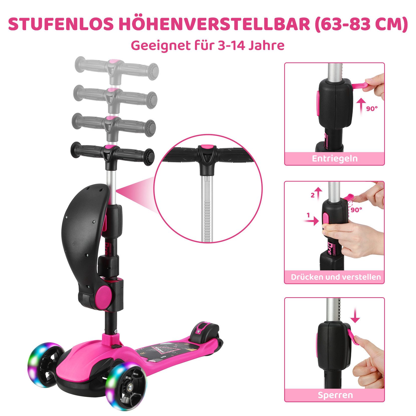 BremToy Dreiradscooter Kinderroller Tretroller Faltbarer Scooter 1-14 Jahre – Bild 4 von 5