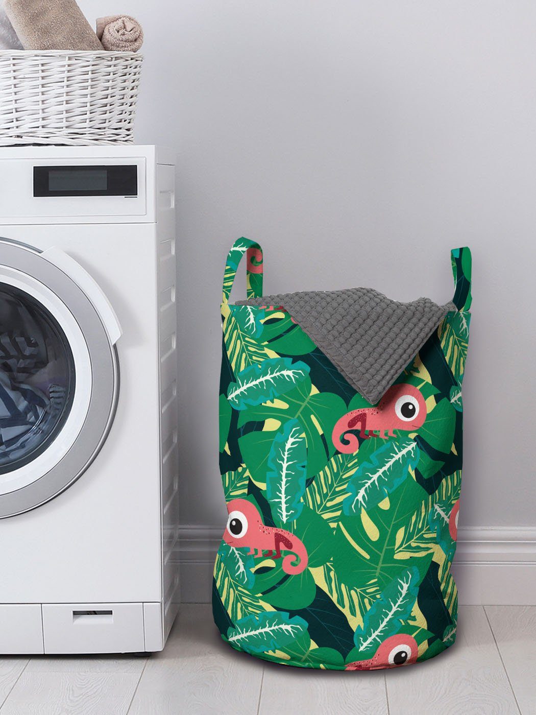 Abakuhaus Wäschesäckchen Wäschekorb mit Griffen für Waschsalons, Tropical Chameleons Insel Kordelzugverschluss