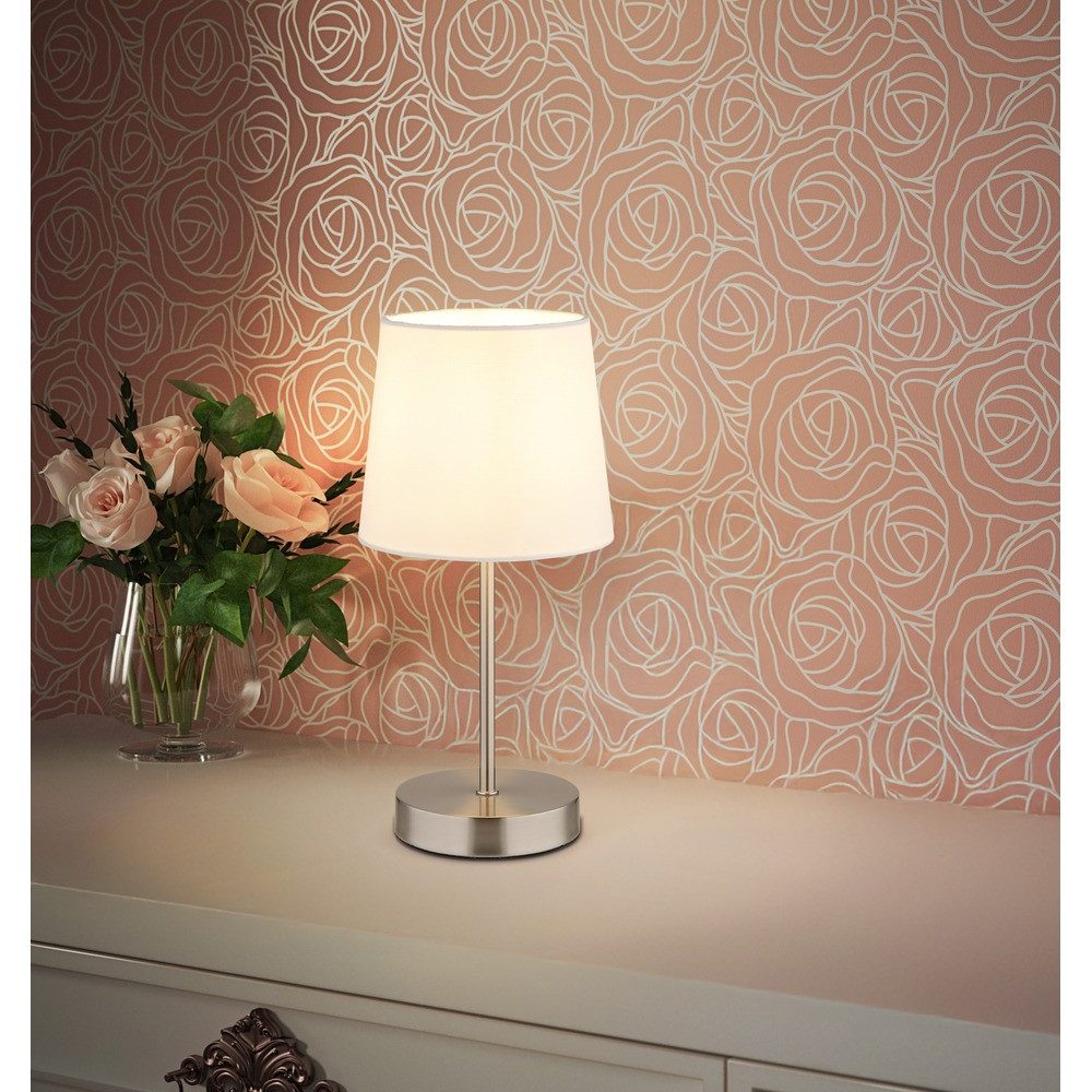 NOWA Nachttischlampe, Leuchtmittel nicht inklusive, Warmweiß, Tischleuchte Metall Textil Nickel matt mit Schalter am Kabel H 32 cm
