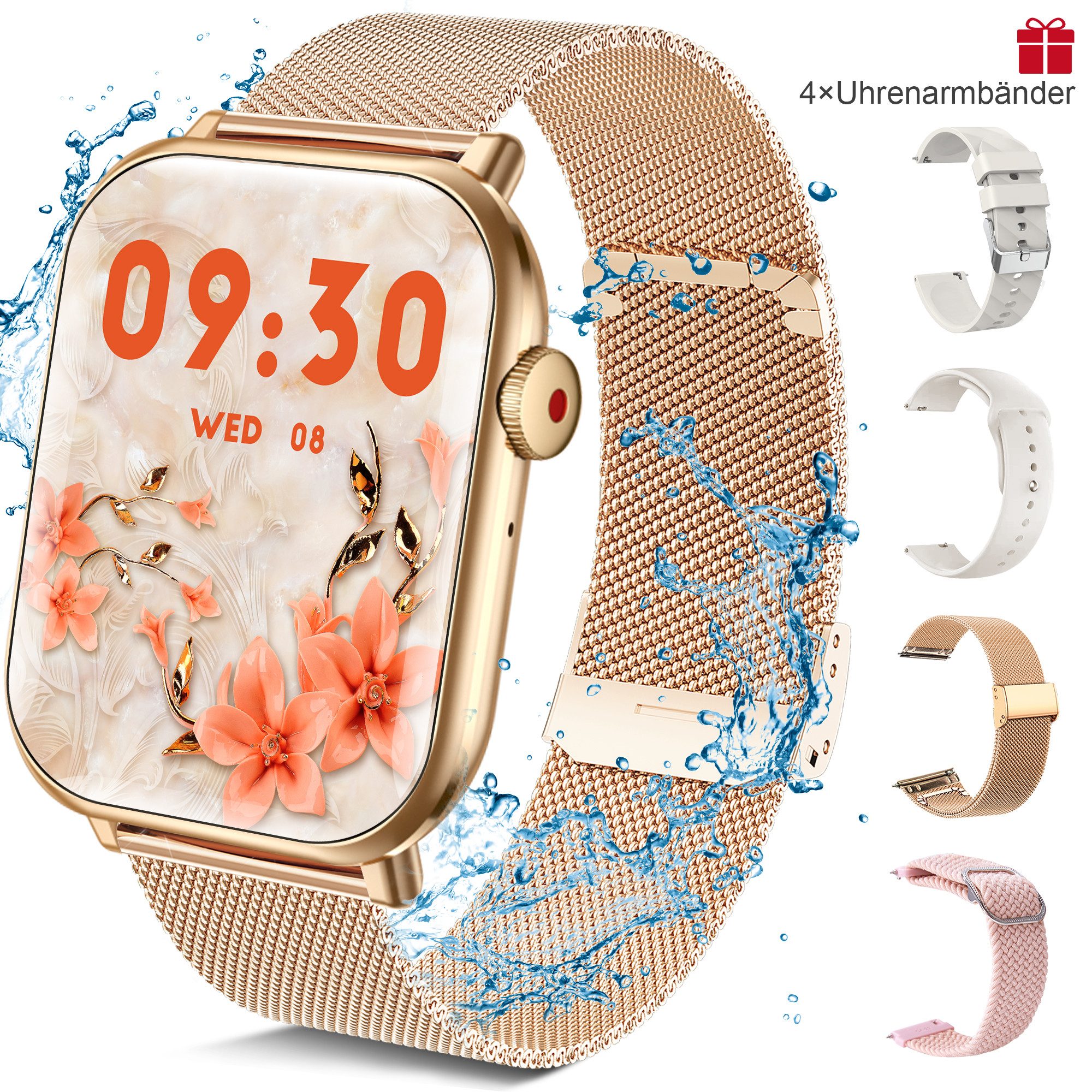 BRAIDOL Smartwatch,Fitness Tracker Uhr für Damen Herren mit Telefonfunktion Watch (5 cm/1,96" HD Voll Touchscreen Zoll) IP67 Wasserdicht Fitness Uhr, 4 Austauschbare Armbänder, Fitness Tracker mit Schrittzähler, Pulsmesser, Frauengesundheit,Schlaftracking, Kalorienverbrauch