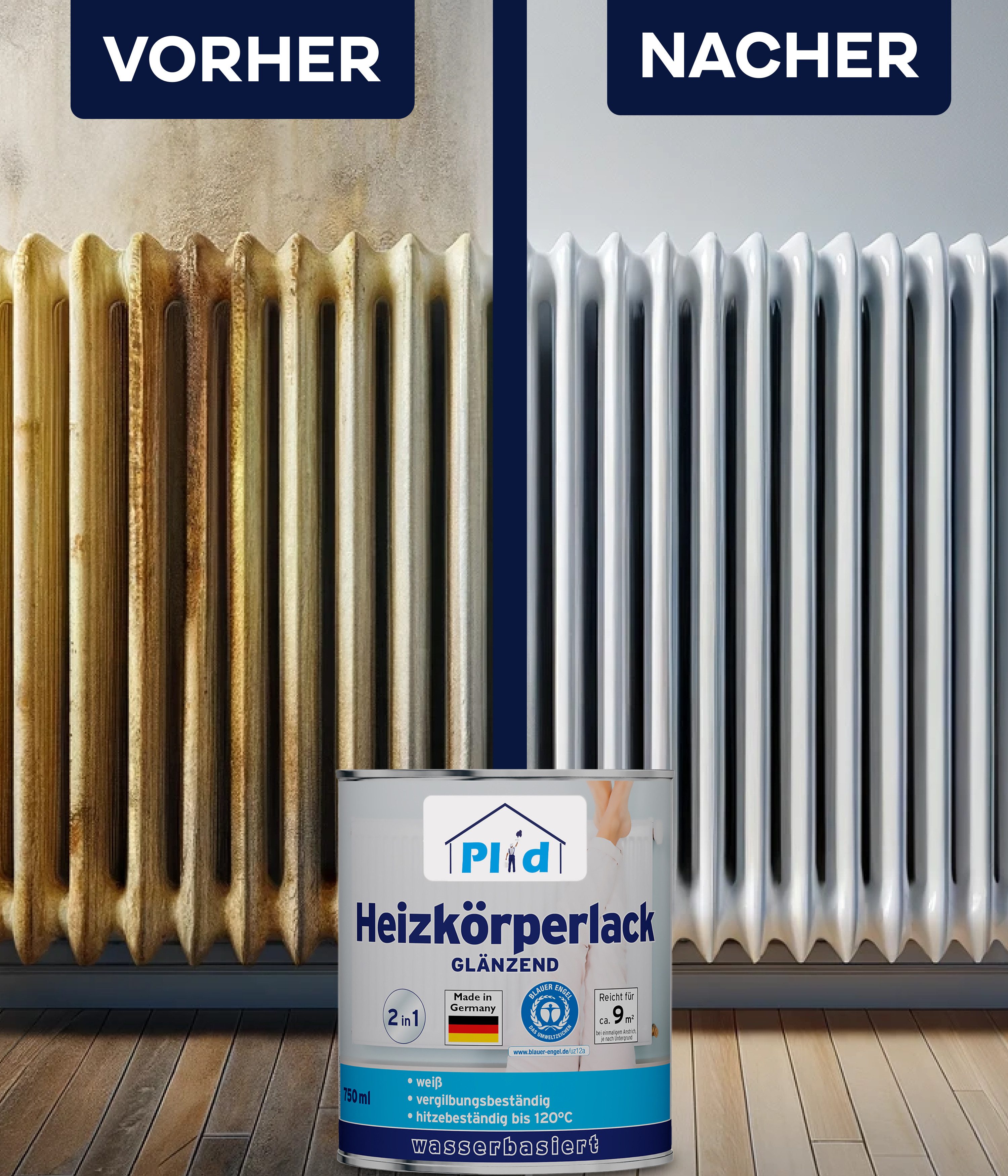 plid Heizkörperlack Premium Heizkörperlack LH Thermolack weiß Glänzend Set, Schnelltrocknend, verarbeitungsfertig