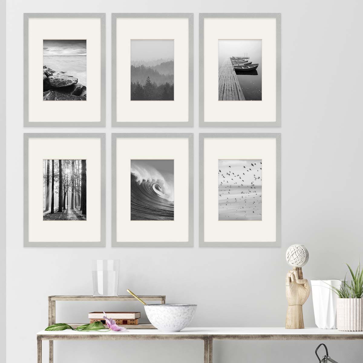 PHOTOLINI Bilderrahmen 6er Set 21x30 cm / A4 Modern Schmal mit Passepartout Silber