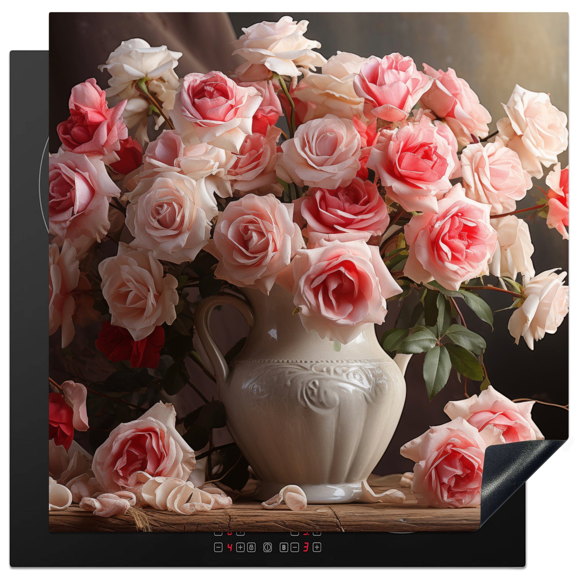 MuchoWow Herd-Abdeckplatte Blumen - Rosen - Vase - Stilleben - Blumenstrauß, Vinyl, (1 tlg), Küche Herdabdeckung Ceranfeld Induktionsfeld Vinyl, 60x60 cm