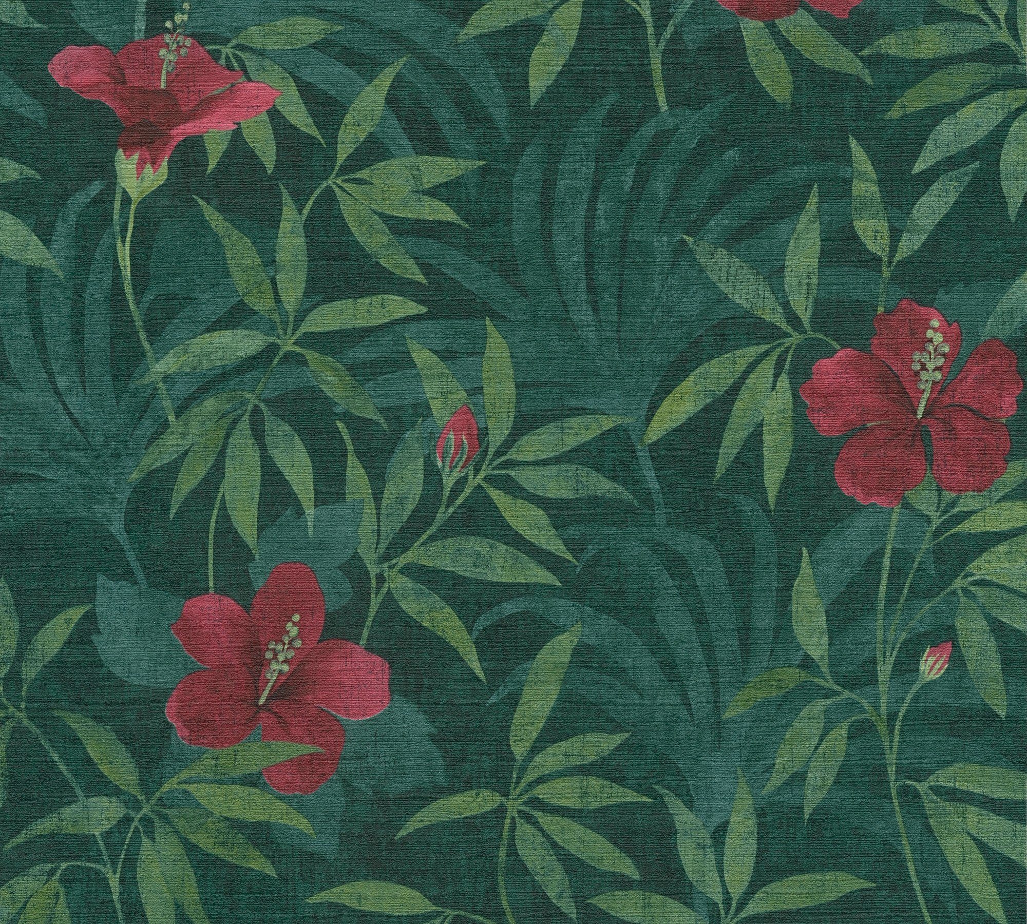 botanisch, Tapete Cuba, Vliestapete Blumen Création grün/rot A.S. floral, Dschungeltapete tropisch,