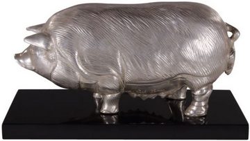 Casa Padrino Dekofigur Luxus Bronzefigur Schwein auf Holzsockel Silber / Schwarz 35 x 17 x H. 19 cm - Versilberte Deko Figur