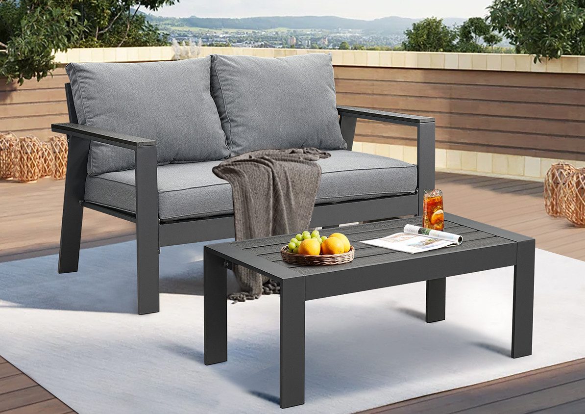 MeXo Gartenlounge-Set Aluminium Balkonmöbel Set wetterfest für kleinen Balkon, (Einteiliges Premium Sitzkissen 10cm, 2-tlg., Loungetisch 100x50cm), Hochlehner Balkon Lounge Set klein für Balkon Balkonsofa 2 Sitzer