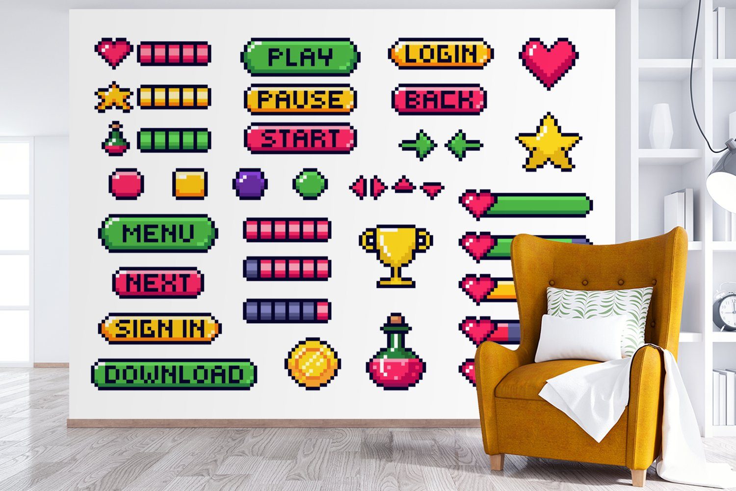 Spiele Wallpaper Fototapete Tapete Art, für MuchoWow Wohnzimmer, - (6 Kinderzimmer, bedruckt, Vinyl Schlafzimmer, St), Pixel Matt,