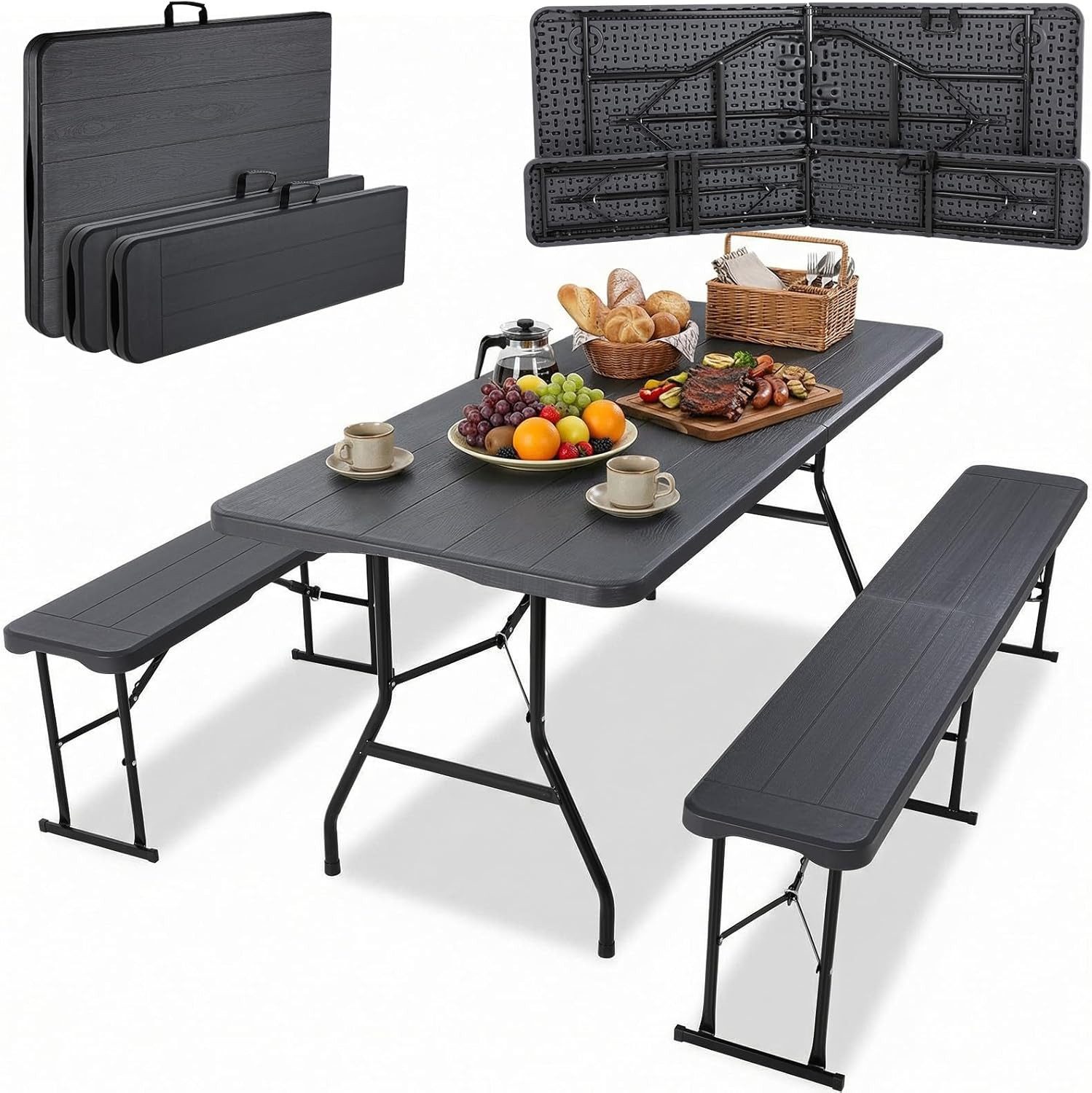 TLGREEN Bierzeltgarnitur Klappbar 3-teilig, 1 Biertisch + 2 Bierbank, (Wetterfest Gartenmöbel Set mit Tragegriff, HDPE+Stahlrohr Campingtisch Outdoor), für Grillveranstaltung/Camping/Gartenparty (Bis zu 10 Personen)