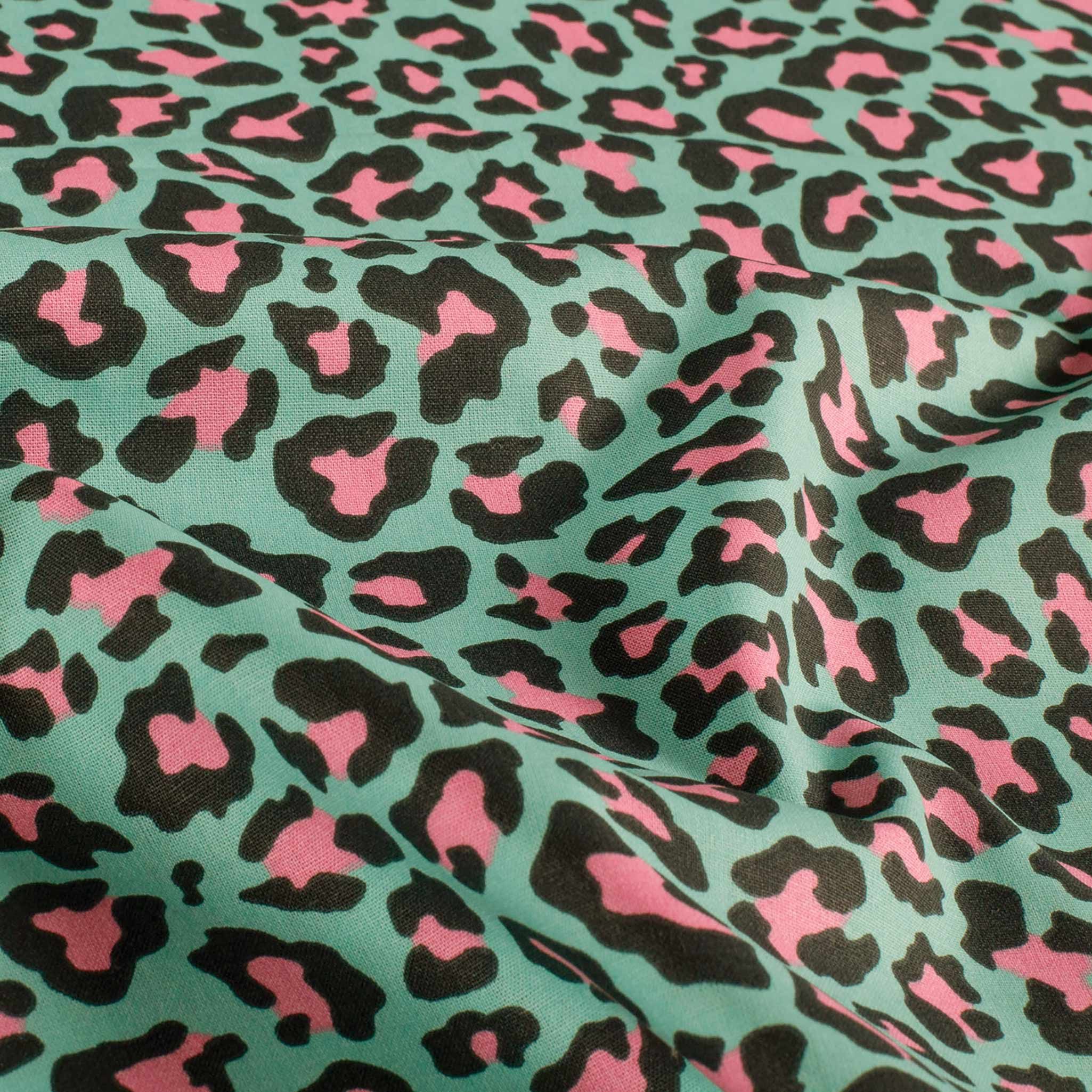 maDDma Stoff Baumwoll Popeline Leopard Muster Türkis Pink Meterware Kleiderstoffe