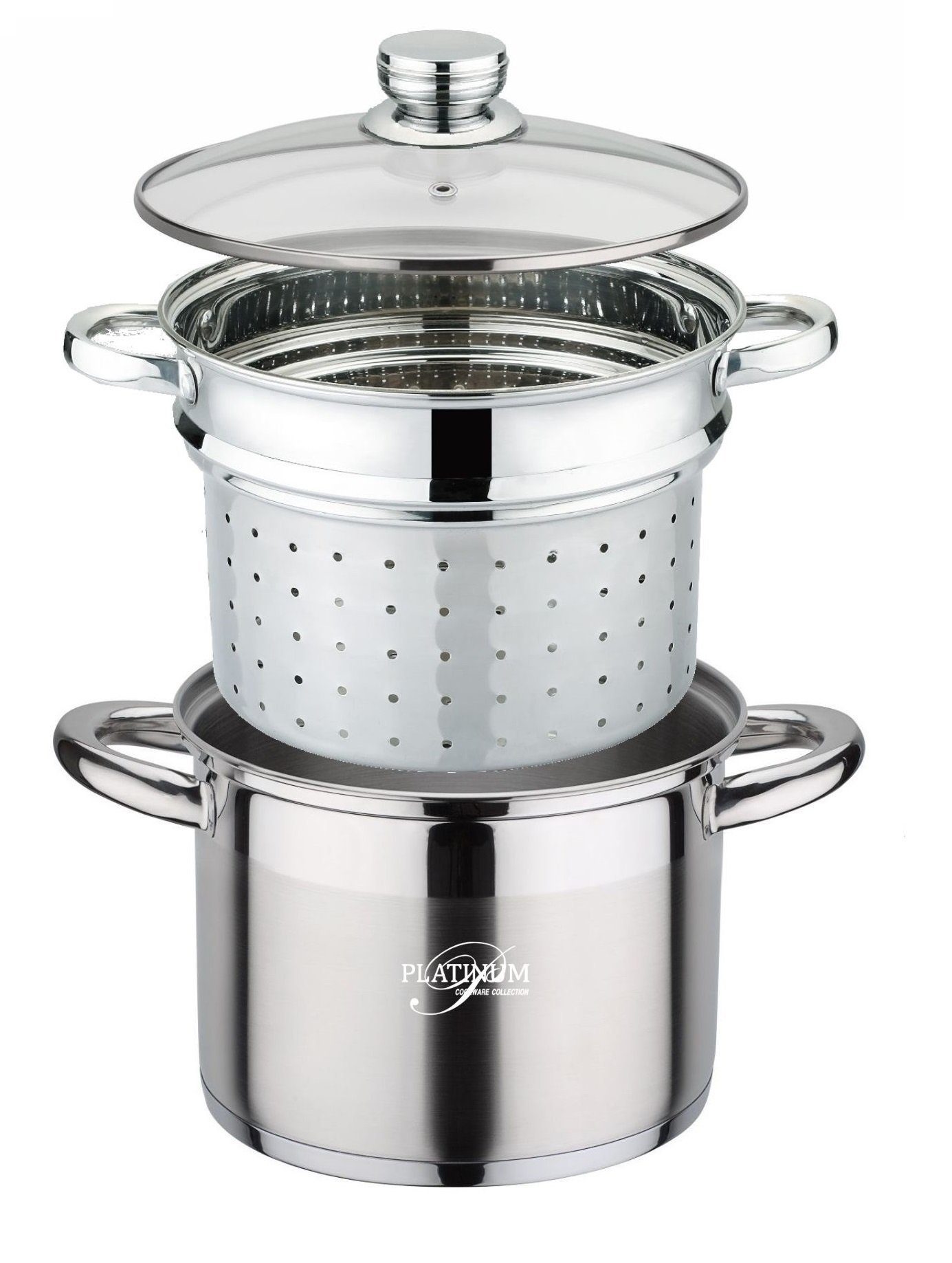 Platinum Spaghettitopf Pasta Nudel Spargel Topf mit Dampfgareinsatz Platinum Edelstahl, Edelstahl (Set bestehend aus Topf, Deckel und Einsatz)