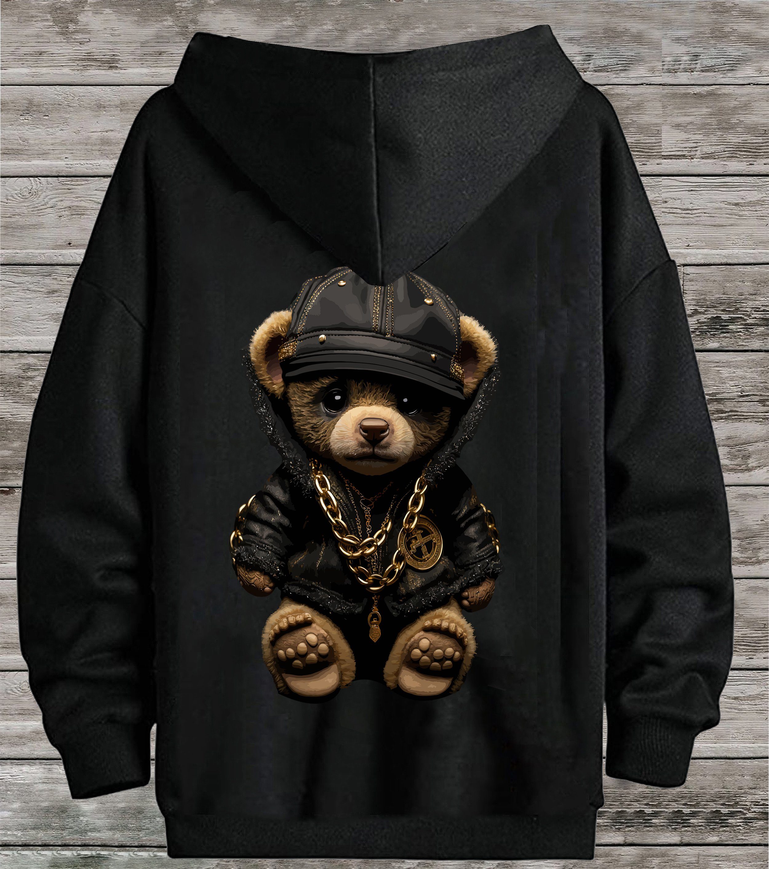 Teddybär Hoodie Bär RMK lizenziertem mit mit Schwarz Gangster Kapuzenpullover mit Print Longsleeve Kapuze,
