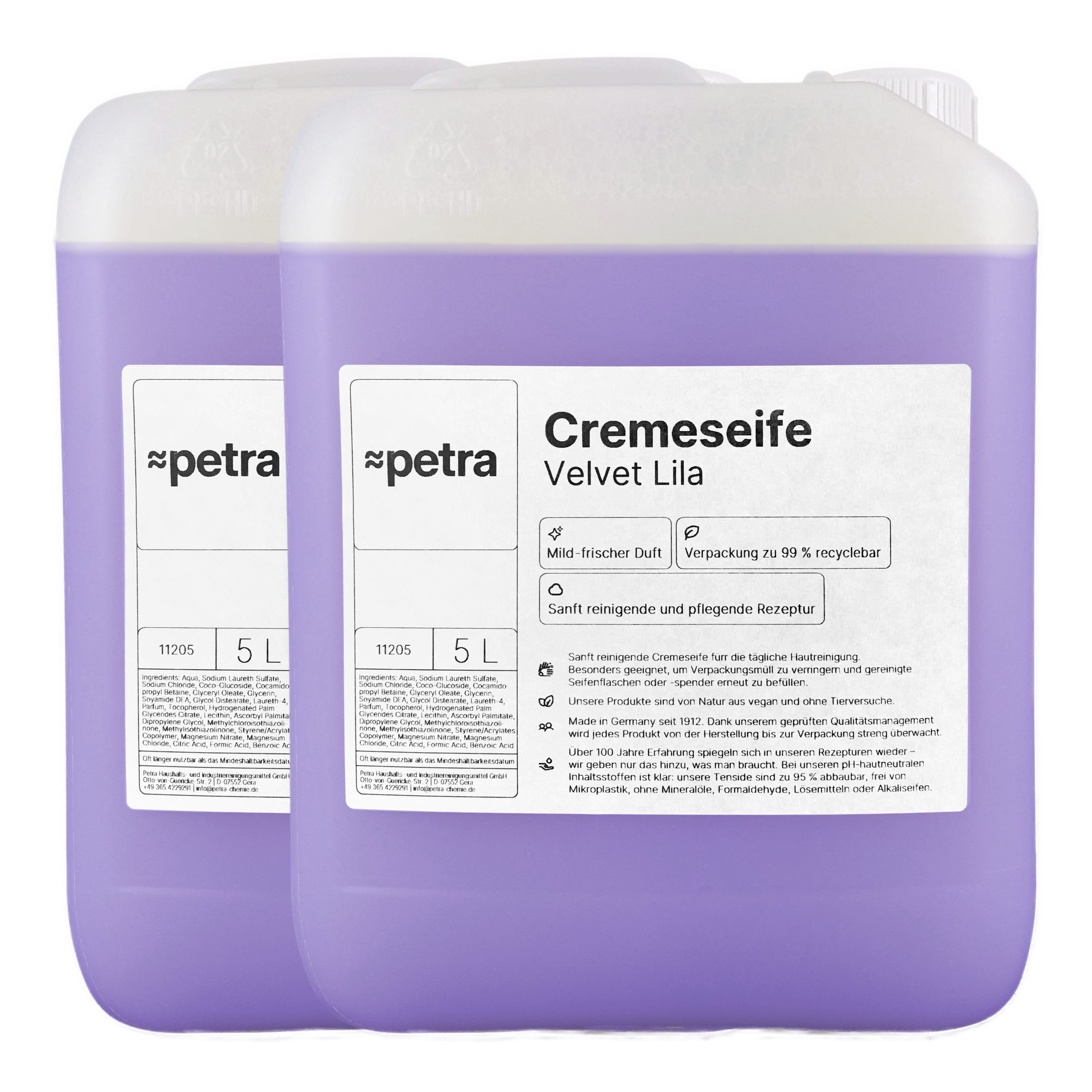 ≈petra Flüssigseife Cremeseife Velvet Lila [2 × 5 Liter Kanister] – mild-frischer Duft –, besonders geeignet zum Nachfüllen von Мылоspendern