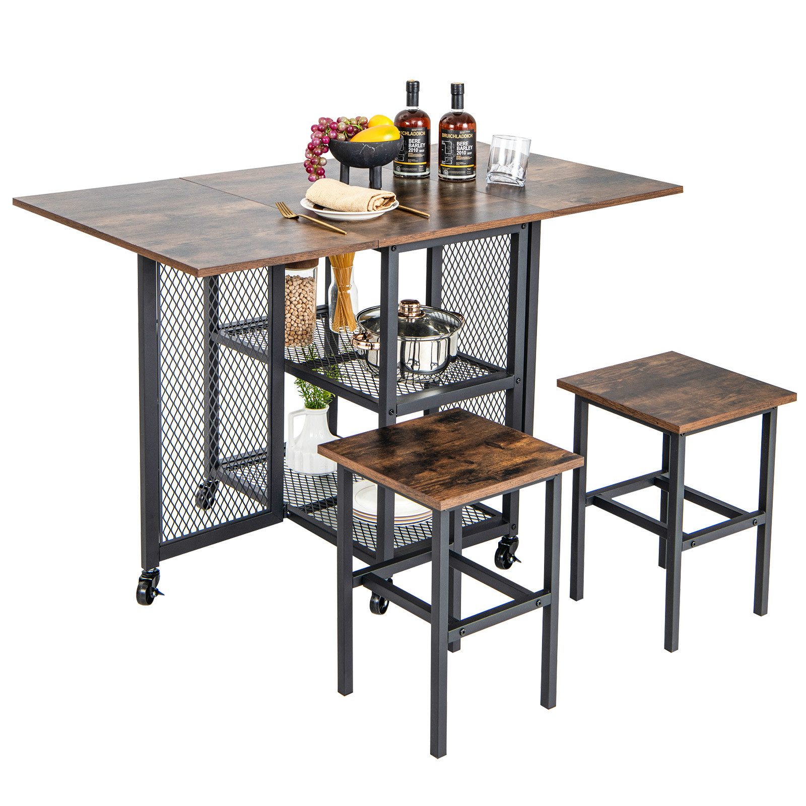 COSTWAY Essgruppe, Set für 2 Personen klappbar, Bartisch mit Rollen & Hocke günstig online kaufen
