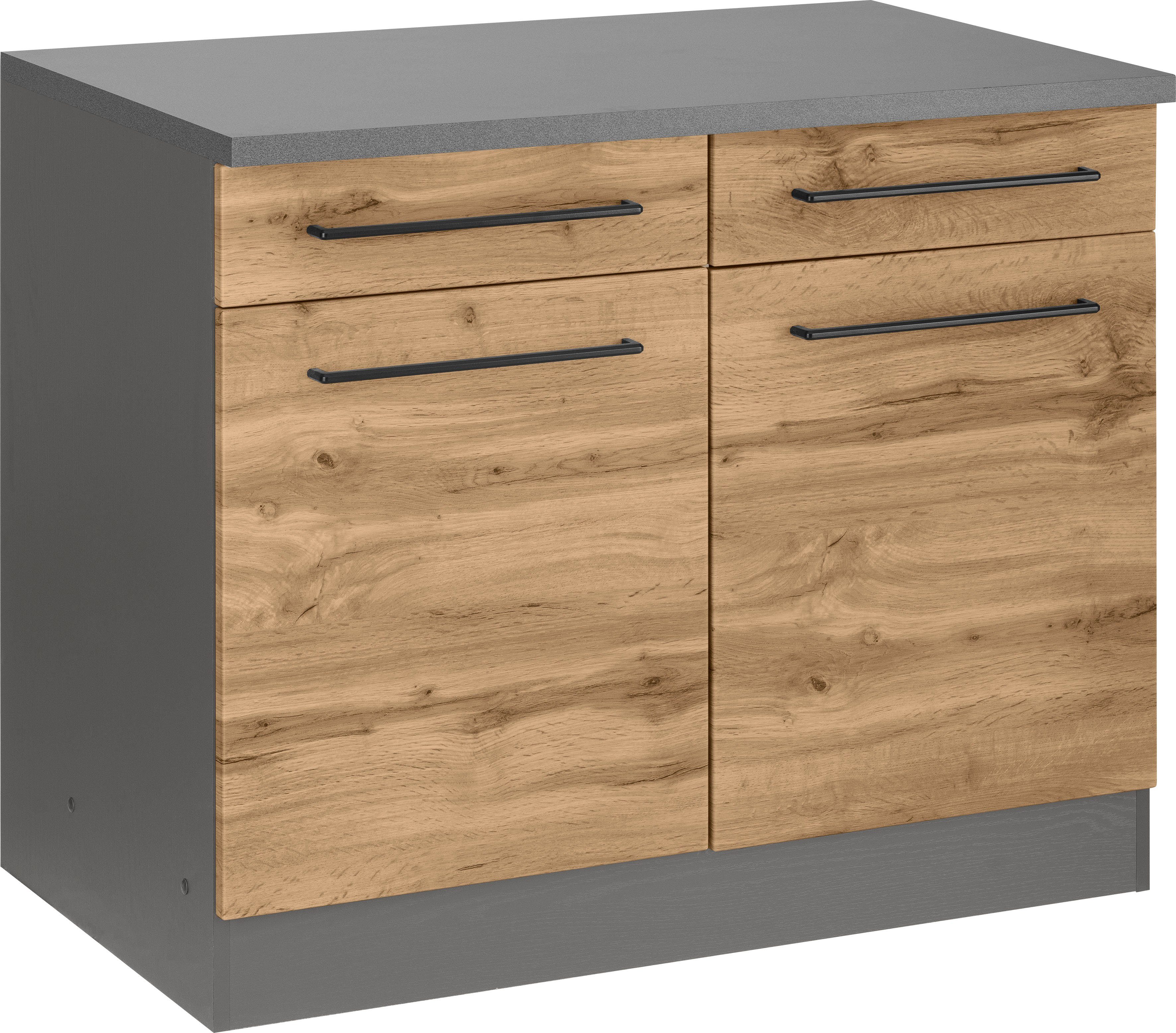 KOCHSTATION Unterschrank KS-Tulsa 100 cm breit, 2 Schubkästen, 2 Türen, schwarzer Metallgriff, MDF Front