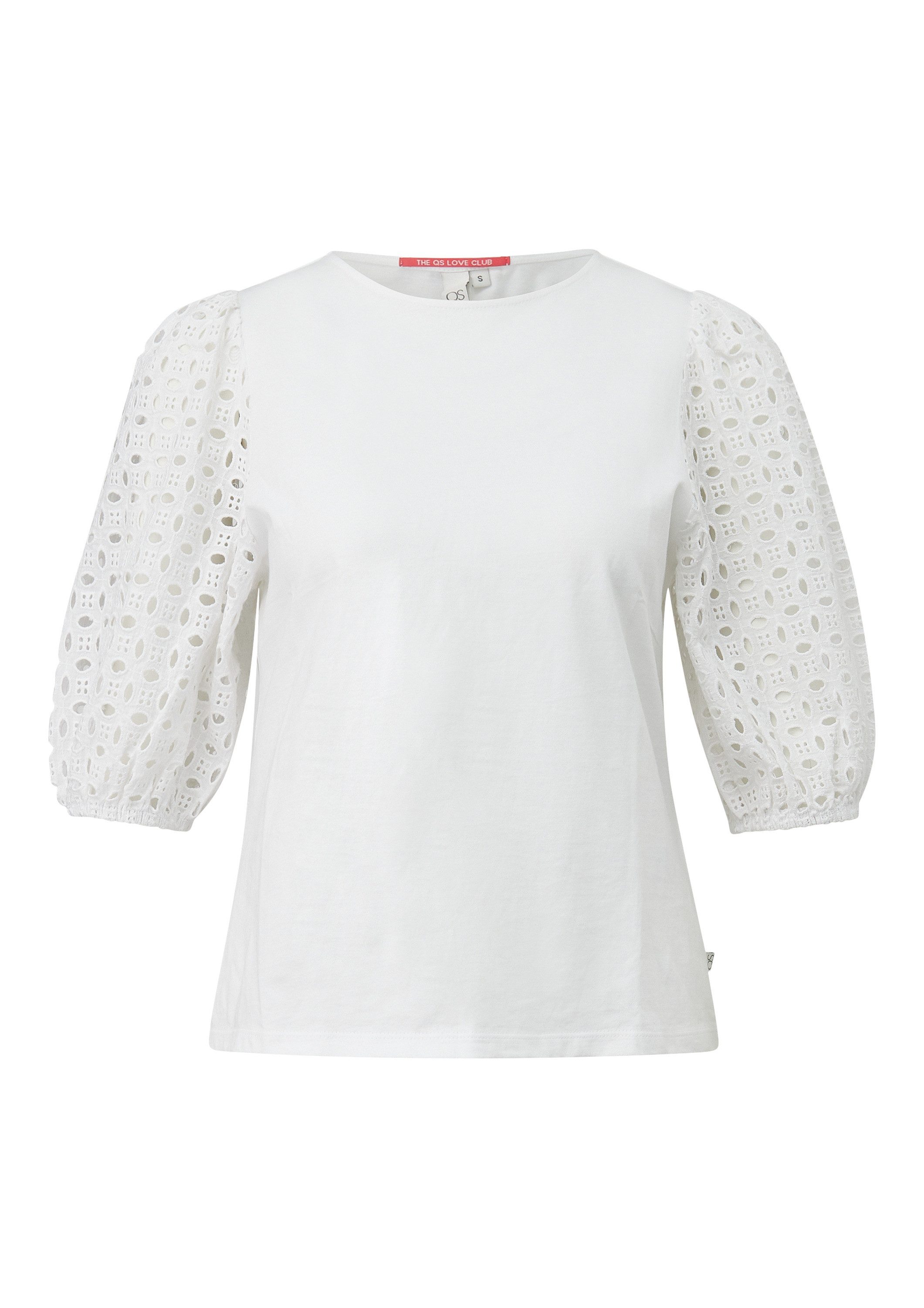 QS Kurzarmshirt T-Shirt Shirt mit Broderie Anglaise