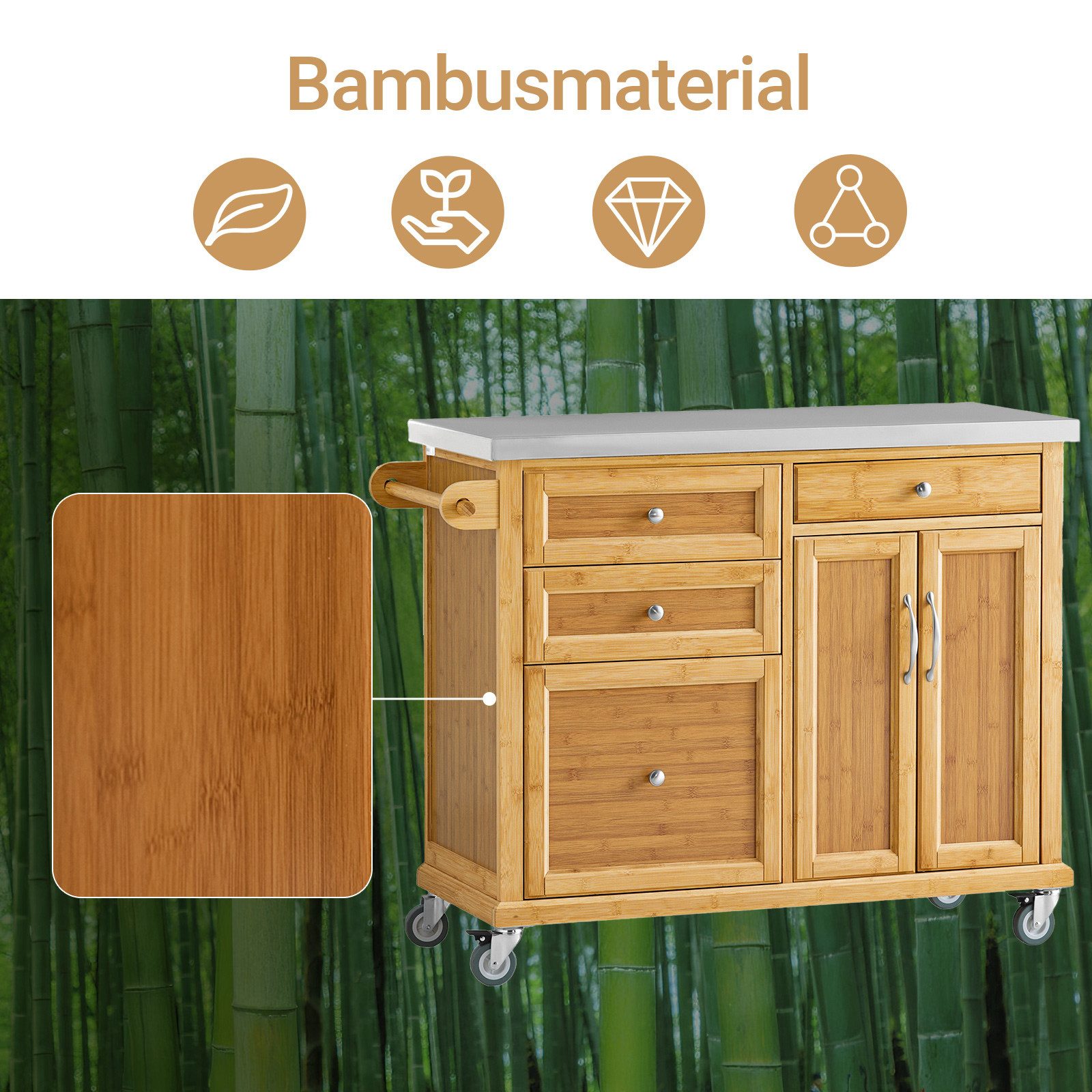 SoBuy Küchenwagen FKW69/FKW70, Küchenwagen auf Rollen, Servierwagen Rollwagen Barwagen, Kücheninsel Küchenschrank mit Edelstahlarbeitsplatte Frühstücksbar