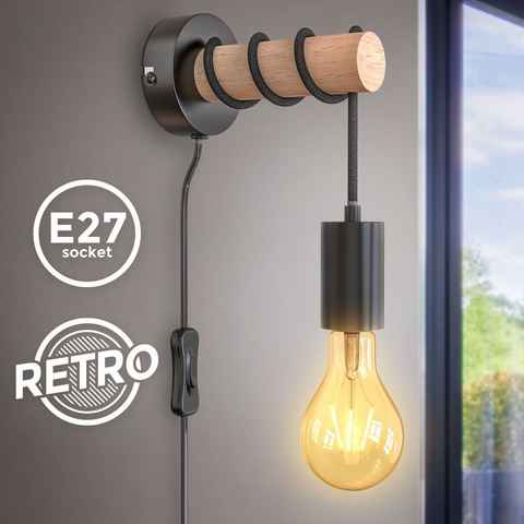 B.K.Licht Wandleuchte Wandlampe Vintage E27 Stahl Holz Rund - BKL1340, ohne Leuchtmittel, Industrial Design Schwarz Wohnzimmer Schlafzimmer Treppenhaus