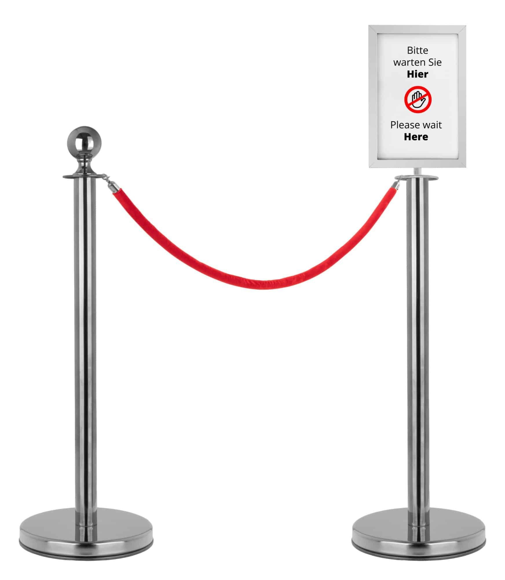 Stagecaptain Absperrpfosten Absperrständer Personenleitsystem mit einem Schildhalter (PLS-150, 4-tlg., 2 Edelstahl-Stative und 1,5m Länge Seil), inkl. Schilderaufsatz