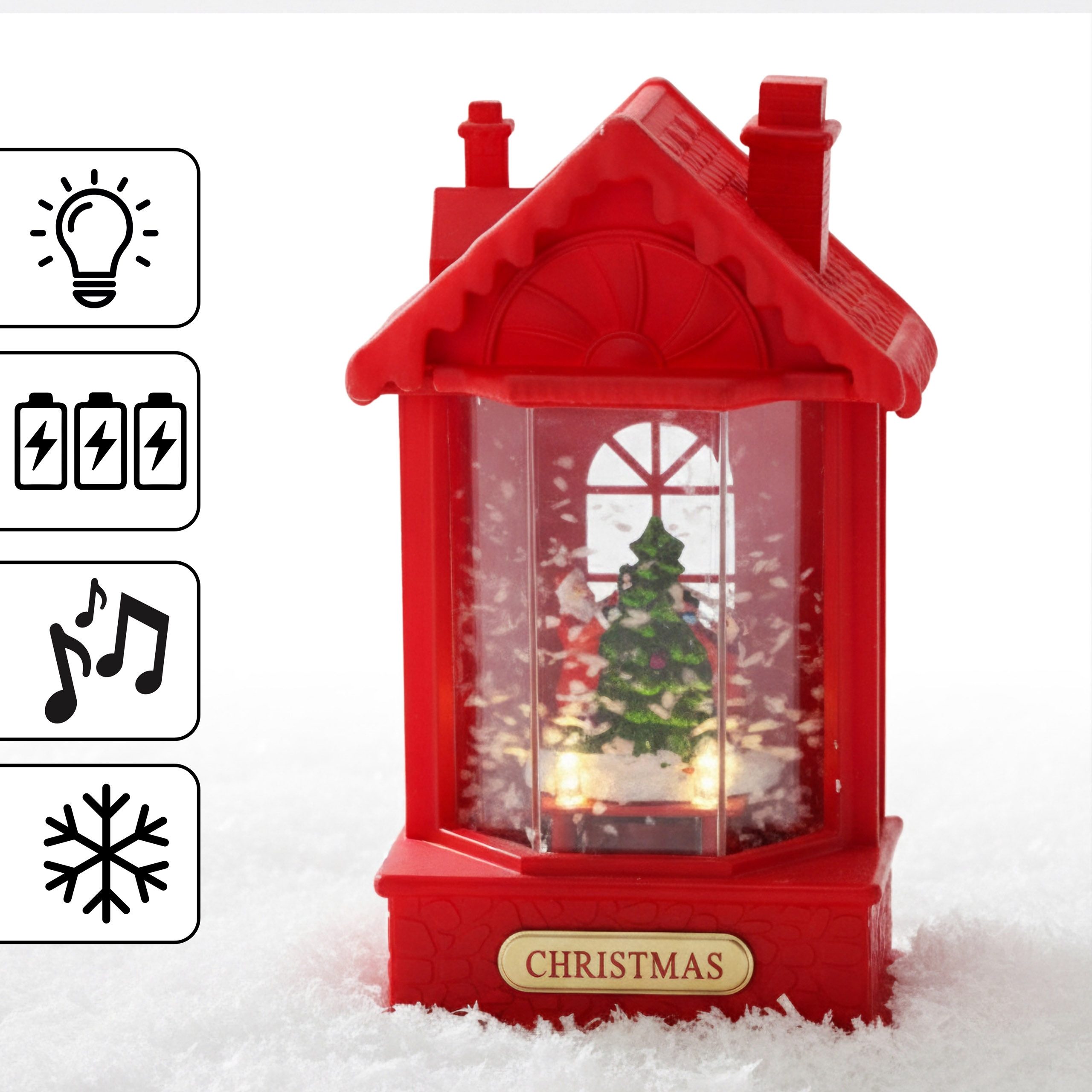 Sarcia.eu LED Laterne Rote Weihnachts-LED-Laterne, Häuschen, Spieluhr mit Schnee, 12×9×19cm