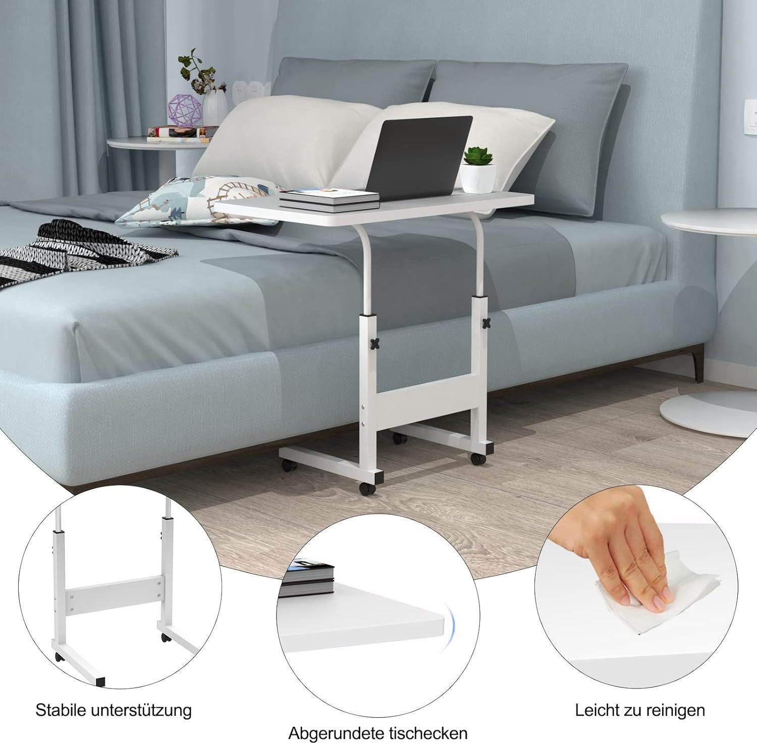 JEOBEST Computertisch Beistelltisch Höhenverstellbar 80x40x(69-89)cm Laptoptisch auf Rollen, Mobiler Beistelltisch Pflegetisch für Bett und Sofa