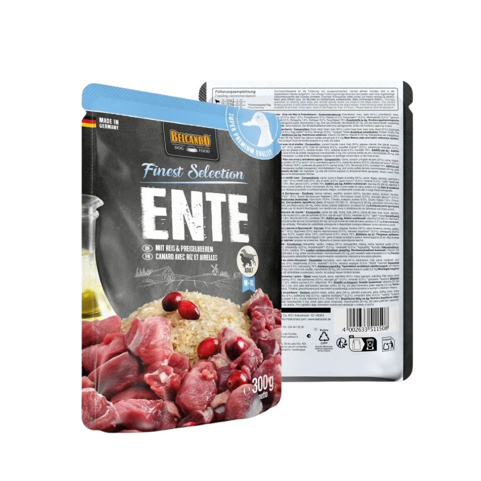 Belcando Ente mit Reis & Preiselbeeren - Premium Nassfutter in Frischebeuteln 6x300g, Nassfutter für: Hunde