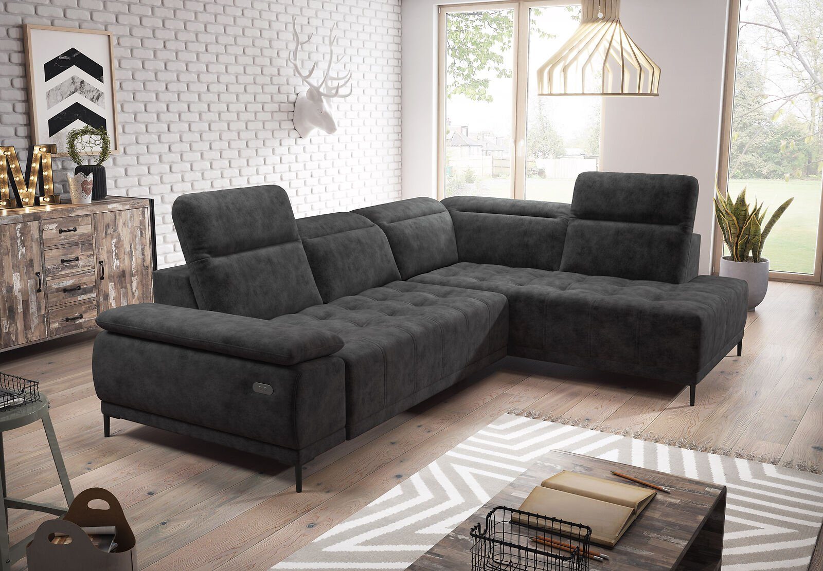 JVmoebel Ecksofa, Automatik Ecksofa Sofa Couch Design Couch Polster Textil Schwarz