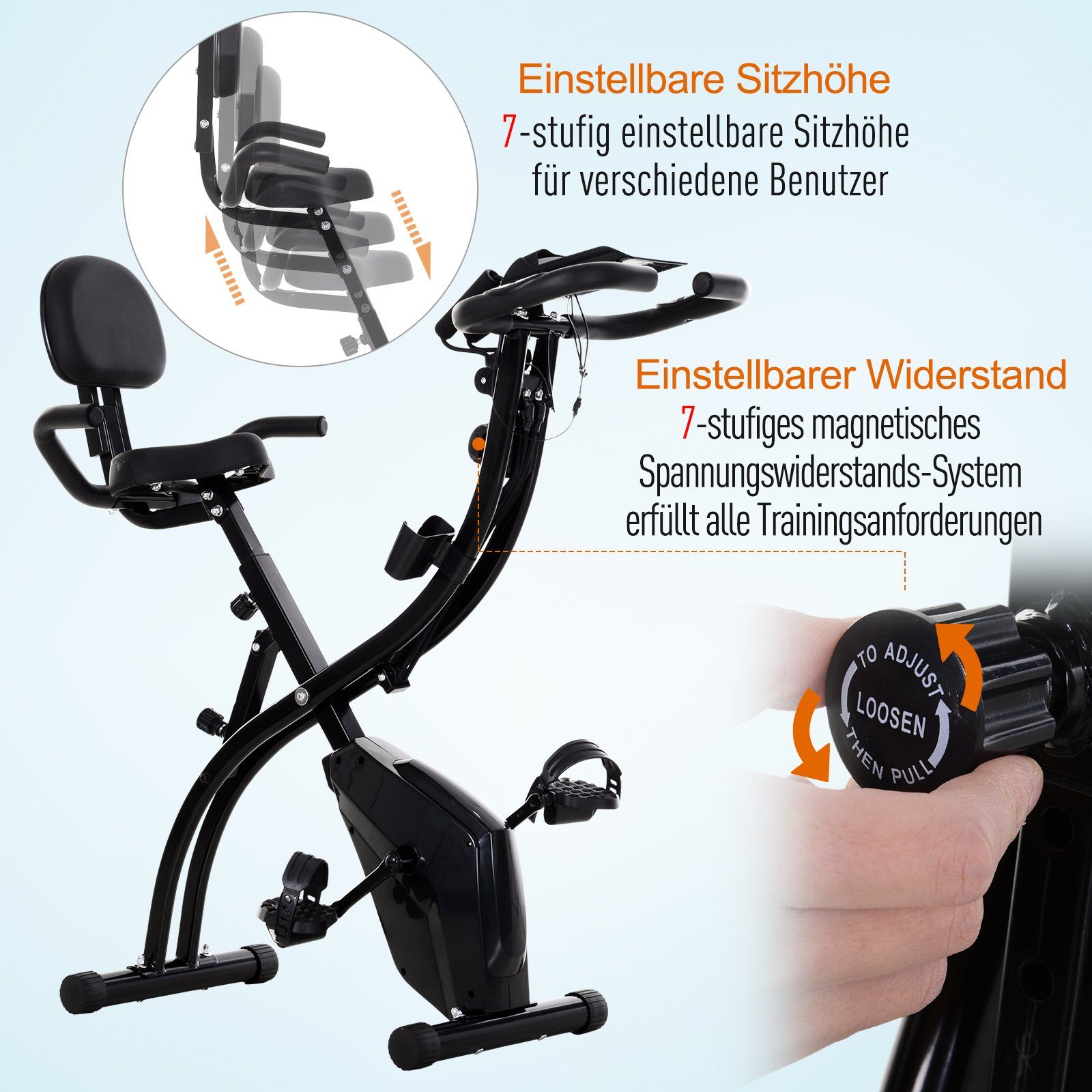 cm 8 X-Bike HOMCOM 2-in-1 51B stufig Fahrradtrainer und einstellbarem x Hometrainer Heimtrainer Stahl mit klappbarer 115H (1-tlg., 1 Schwarz 97L x Spannseil), Paar Magnetwiderstand