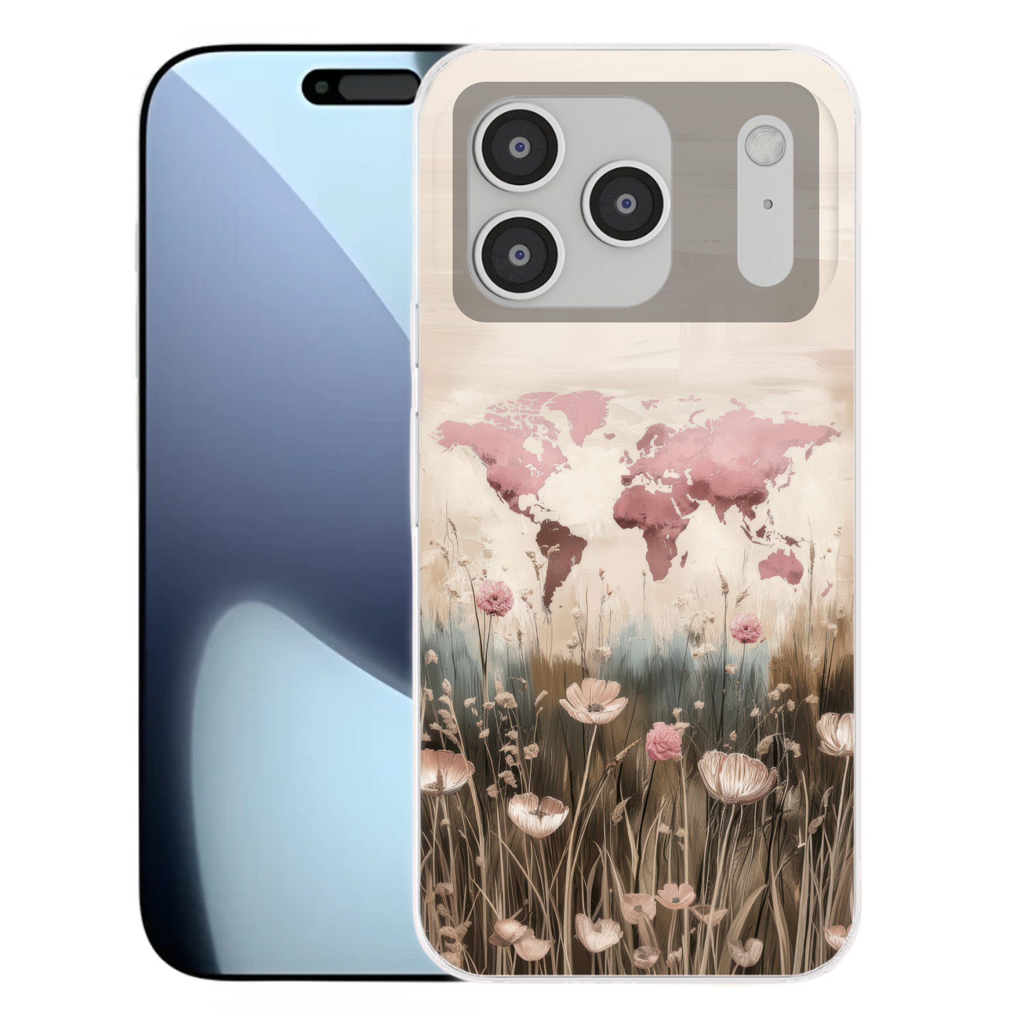 MuchoWow Handyhülle für Apple iPhone 17 Pro Weltkarte - Rosa - Blumen, Smartphone-Bumper, Print, Handy Schutzhülle Dünn
