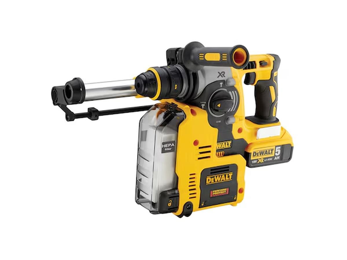 DeWalt Akku-Kombibohrhammer 18V / 5,0Ah, 18 V, (Akku-Komplettset mit Staubabsaugung, 9-tlg., Mit 2 Akkus, Ladegerät, Schnellspannbohrfutter und Transportkoffer), mit 2,1 Joule und integrierter Staubabsaugung