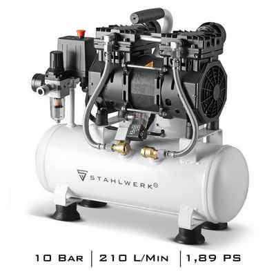 STAHLWERK Kompressor Druckluft Flüsterkompressor ST-110 Pro mit 10 Bar, max. 10 bar, 10 l, 13-tlg., 1390 Watt / 1,89 PS verschleißfreier Brushless-Motor ölfrei