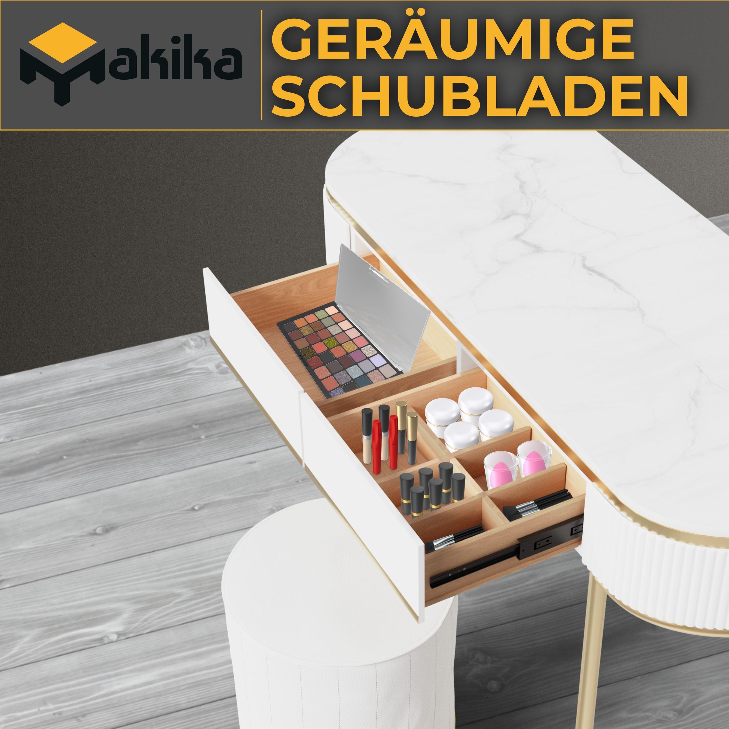 Makika Schminktisch LENA aus Holz mit Sitzhocker und Spiegel
