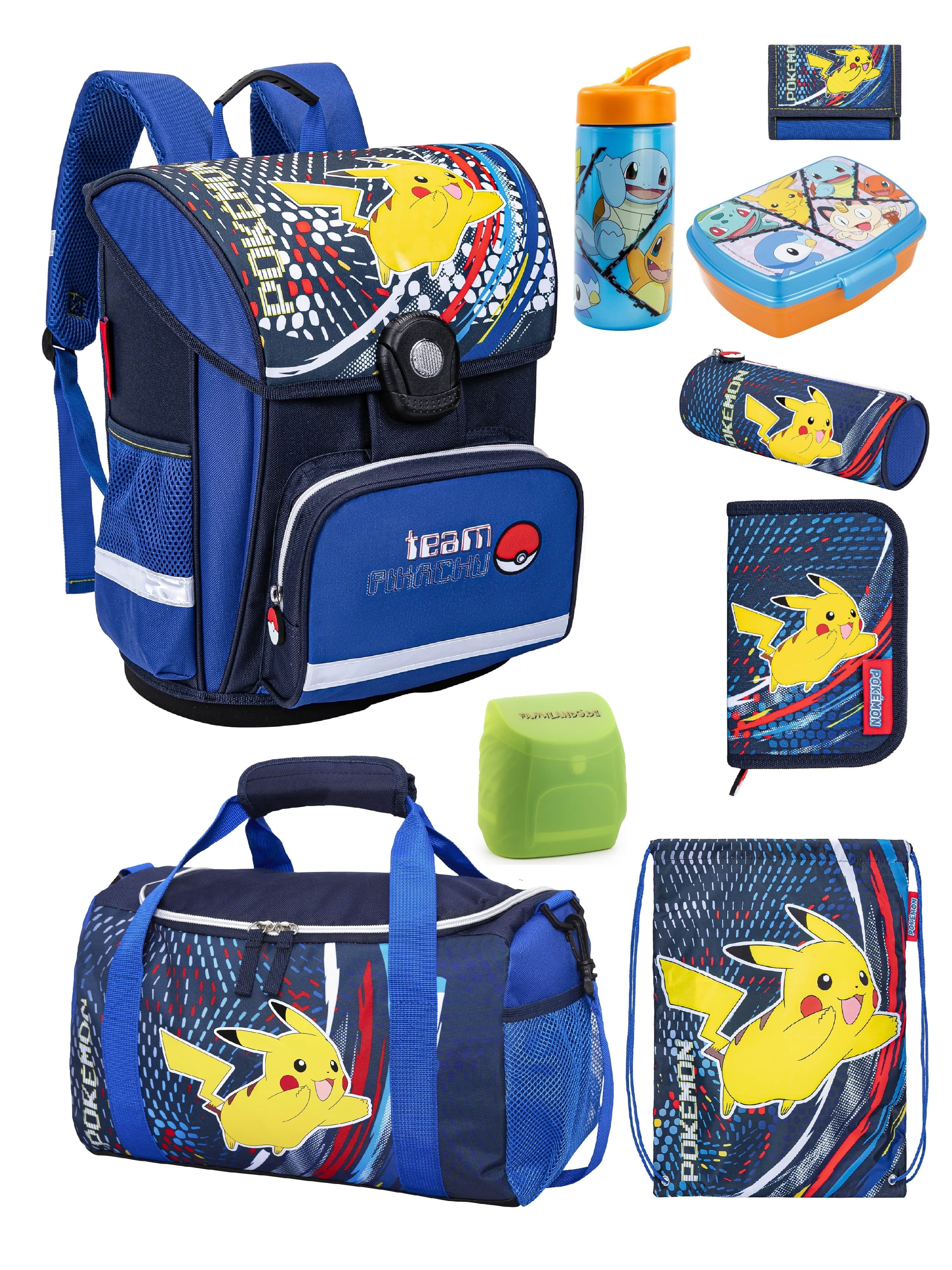 Familando Schulranzen Pokemon Blau mit Pikachu für 1. bis 4. Klasse, Ergonomisch & Leicht (Set, 9-tlg., mit Dose Flasche und Regenschutz), mit Dose, Falsche und großer Sporttasche