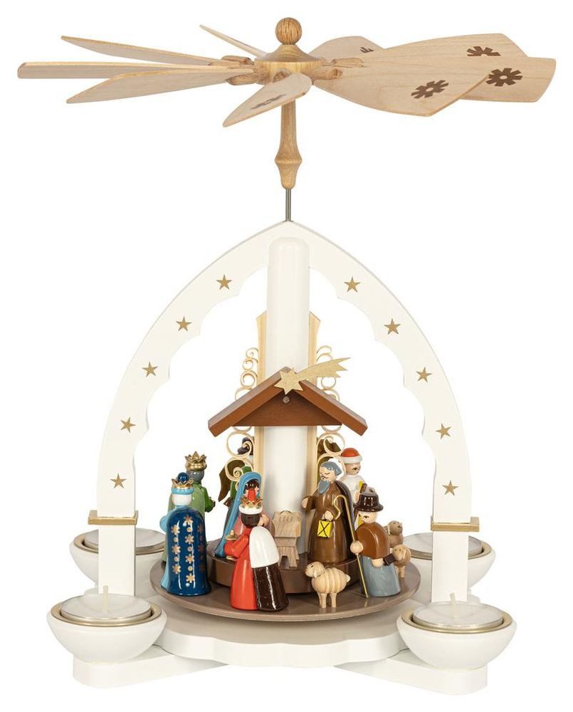 Erzgebirgische Volkskunst Richard Glässer GmbH Weihnachtspyramide Pyramide Geburt Christi mit Teelichter und Kerzen weiß Höhe 27cm NEU