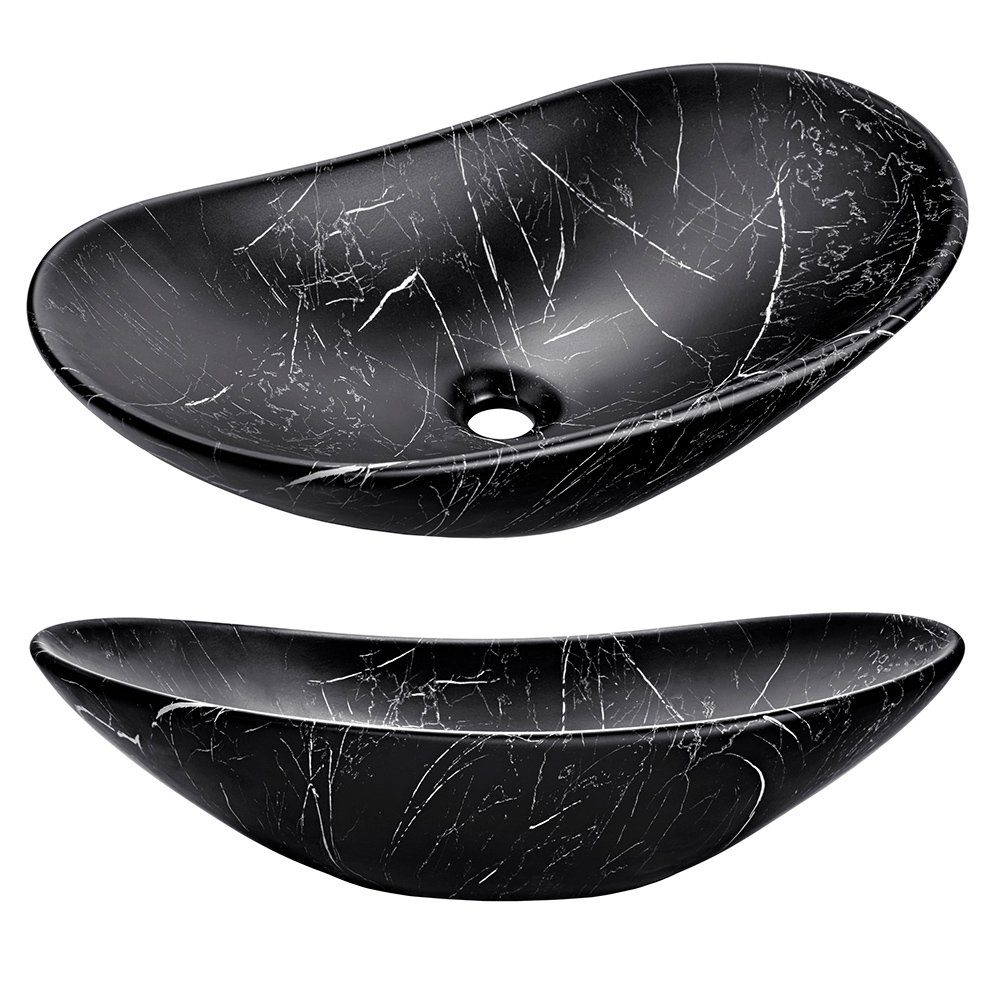 Lomadox Badmöbel-Set ADELAIDE-56-BLACK, (Spar-Set, 4-St), schwarz marmoriert LED-Spiegel matt schwarz gerillt 180/200/46,5 cm