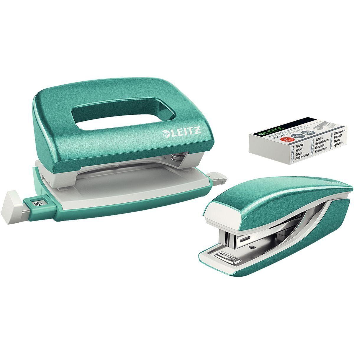 LEITZ Lochstanzer NeXXt WOW Mini 5561, inkl. Locher, Tacker und Heftklammern eisblau metallic